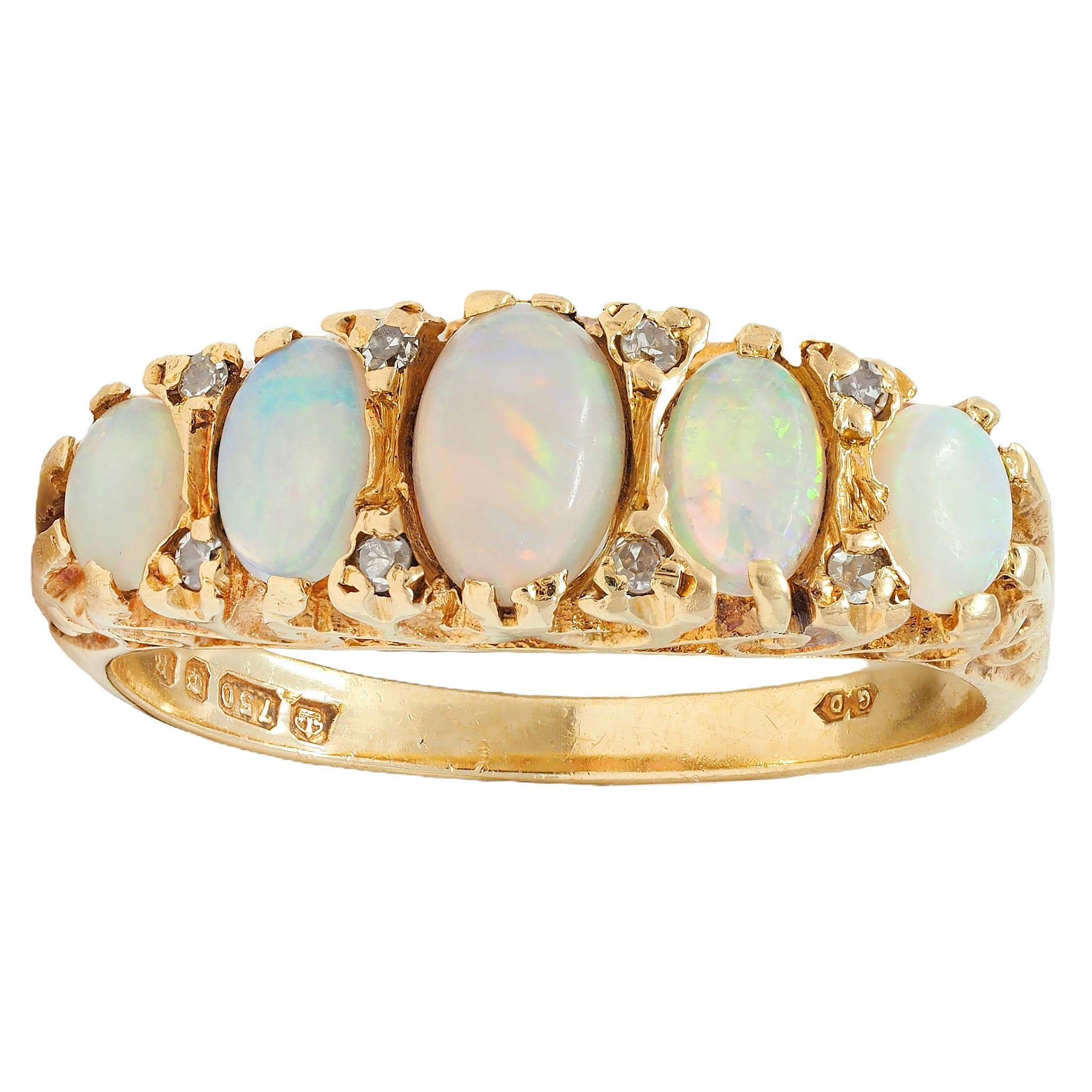 Art Nouveau Opal Diamond 18 Karat Yellow Gold Scrolling Antique Band Ring