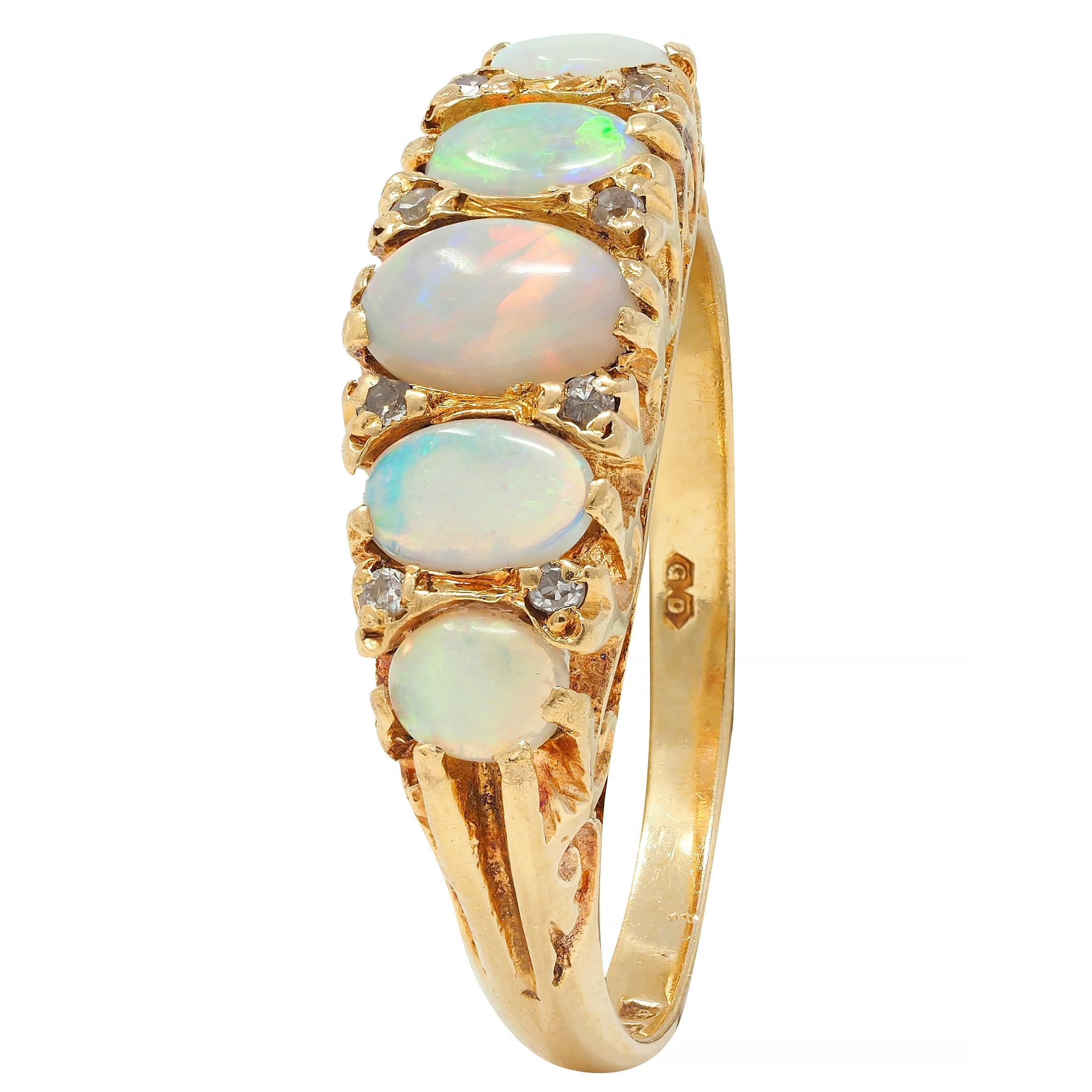 Art Nouveau Opal Diamond 18 Karat Yellow Gold Scrolling Antique Band Ring