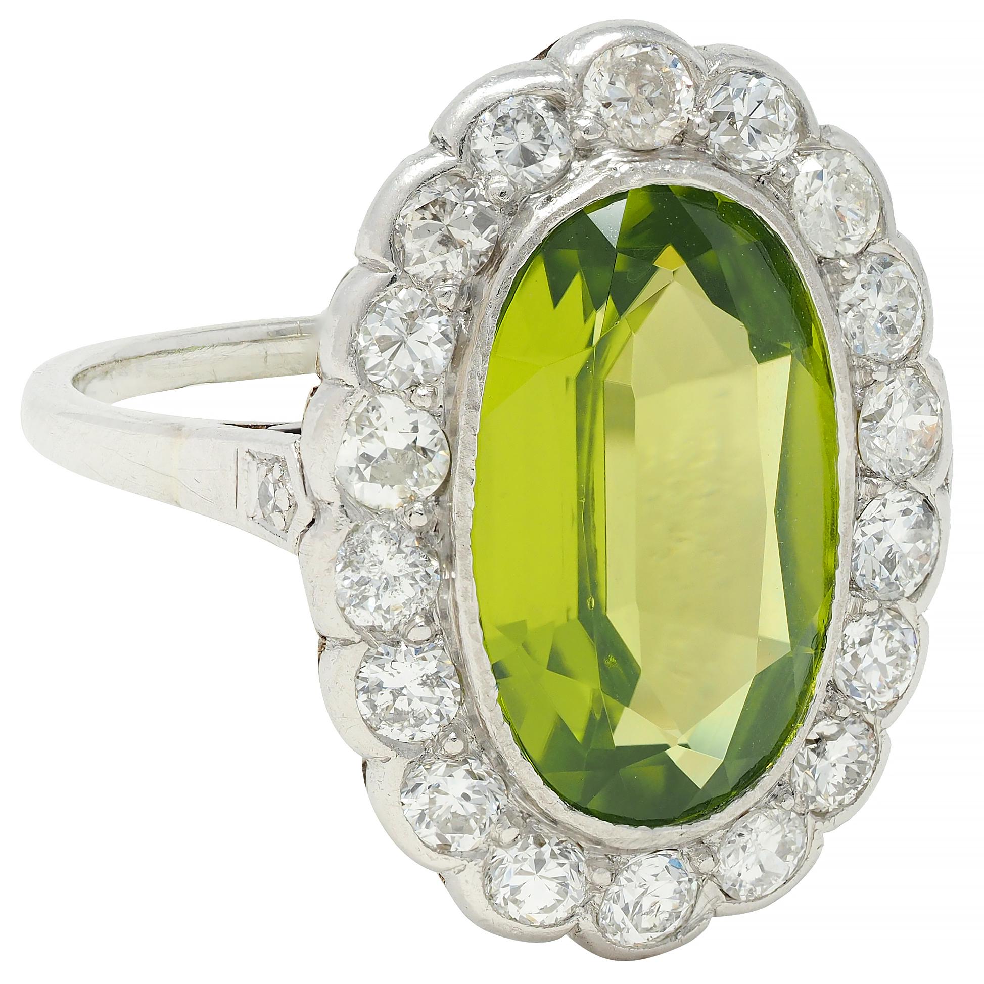 Mid-Century 5.35 CTW Peridot Diamond Platinum 14K White Gold Vintage Halo Ring