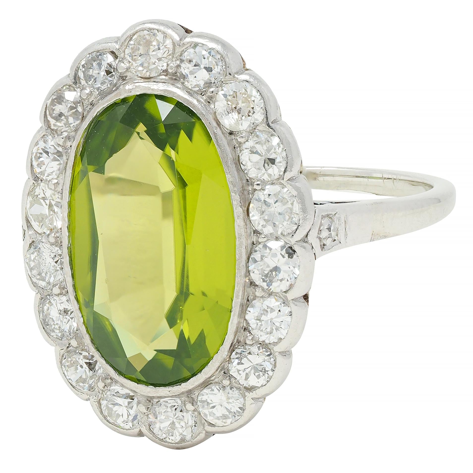 Mid-Century 5.35 CTW Peridot Diamond Platinum 14K White Gold Vintage Halo Ring