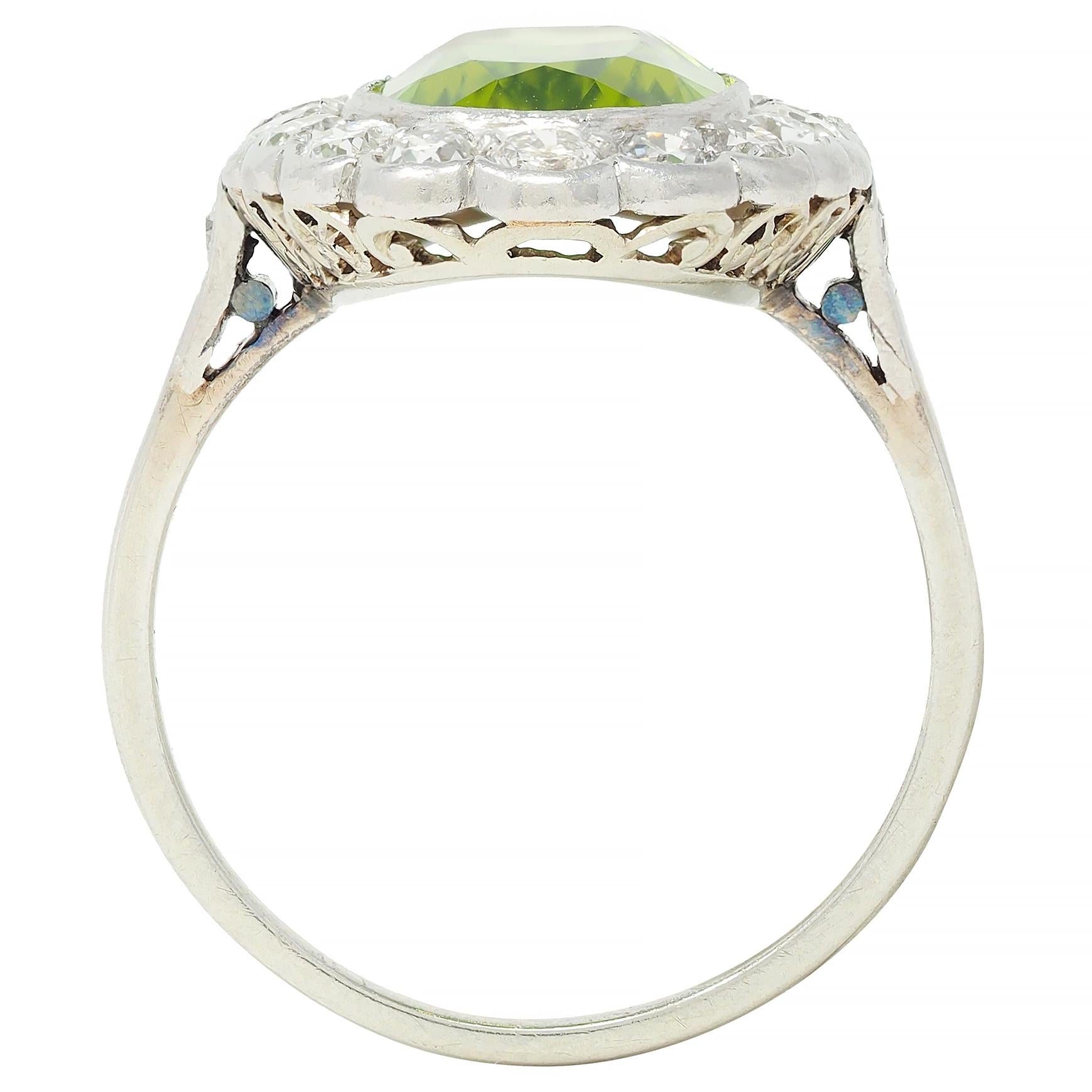 Mid-Century 5.35 CTW Peridot Diamond Platinum 14K White Gold Vintage Halo Ring