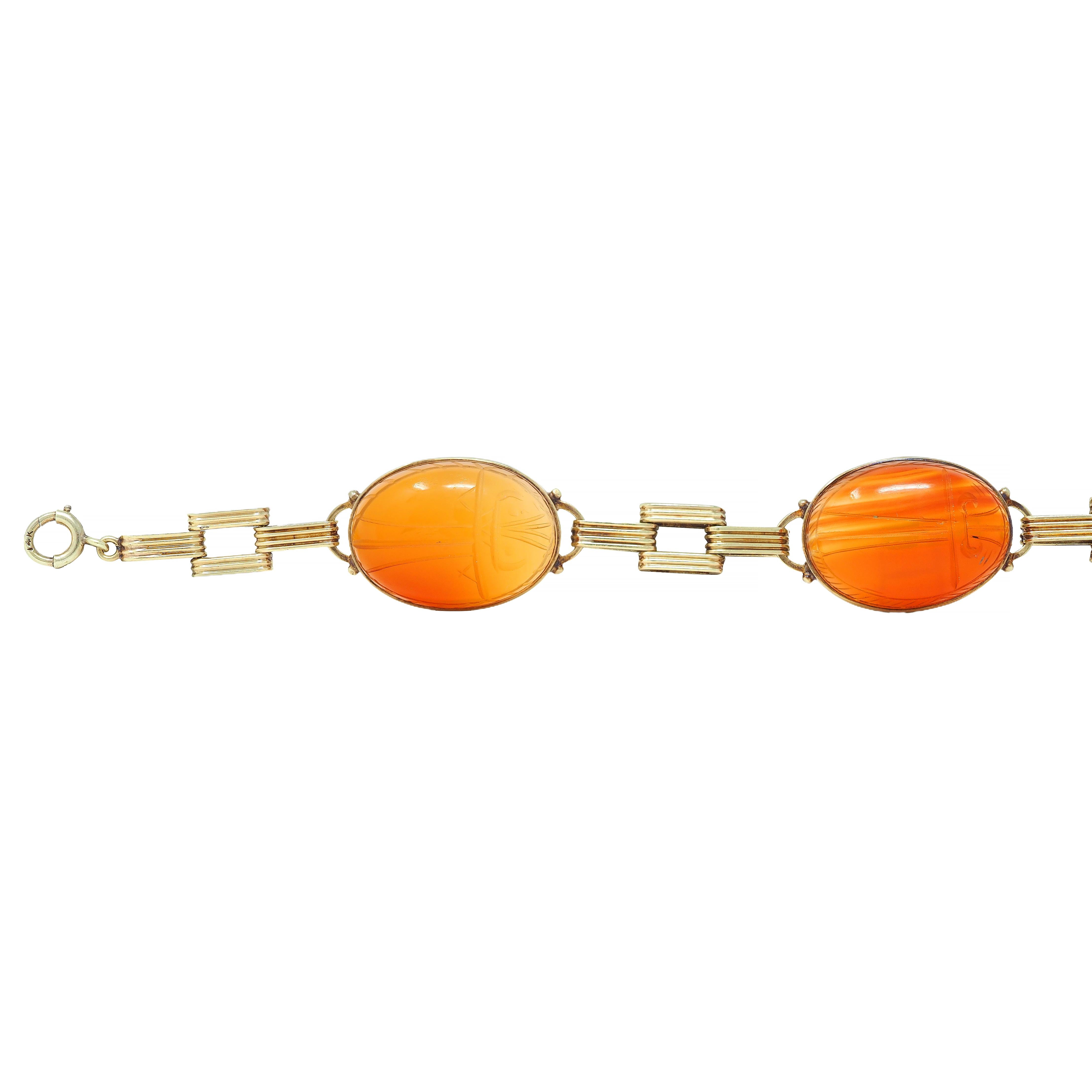 Victorian Egyptian Revival Carnelian 14K Gold Antique Scarab Link Bracelet