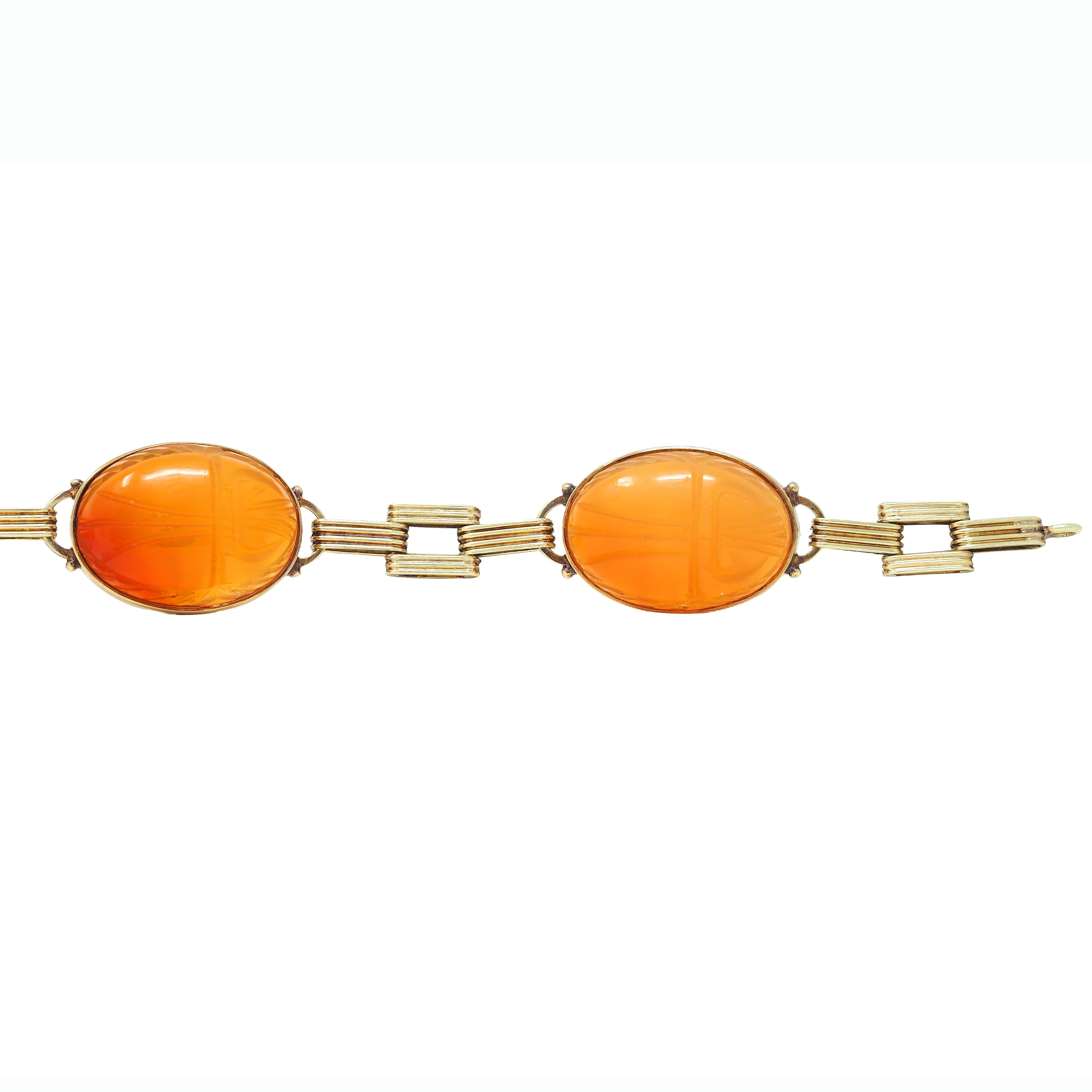 Victorian Egyptian Revival Carnelian 14K Gold Antique Scarab Link Bracelet