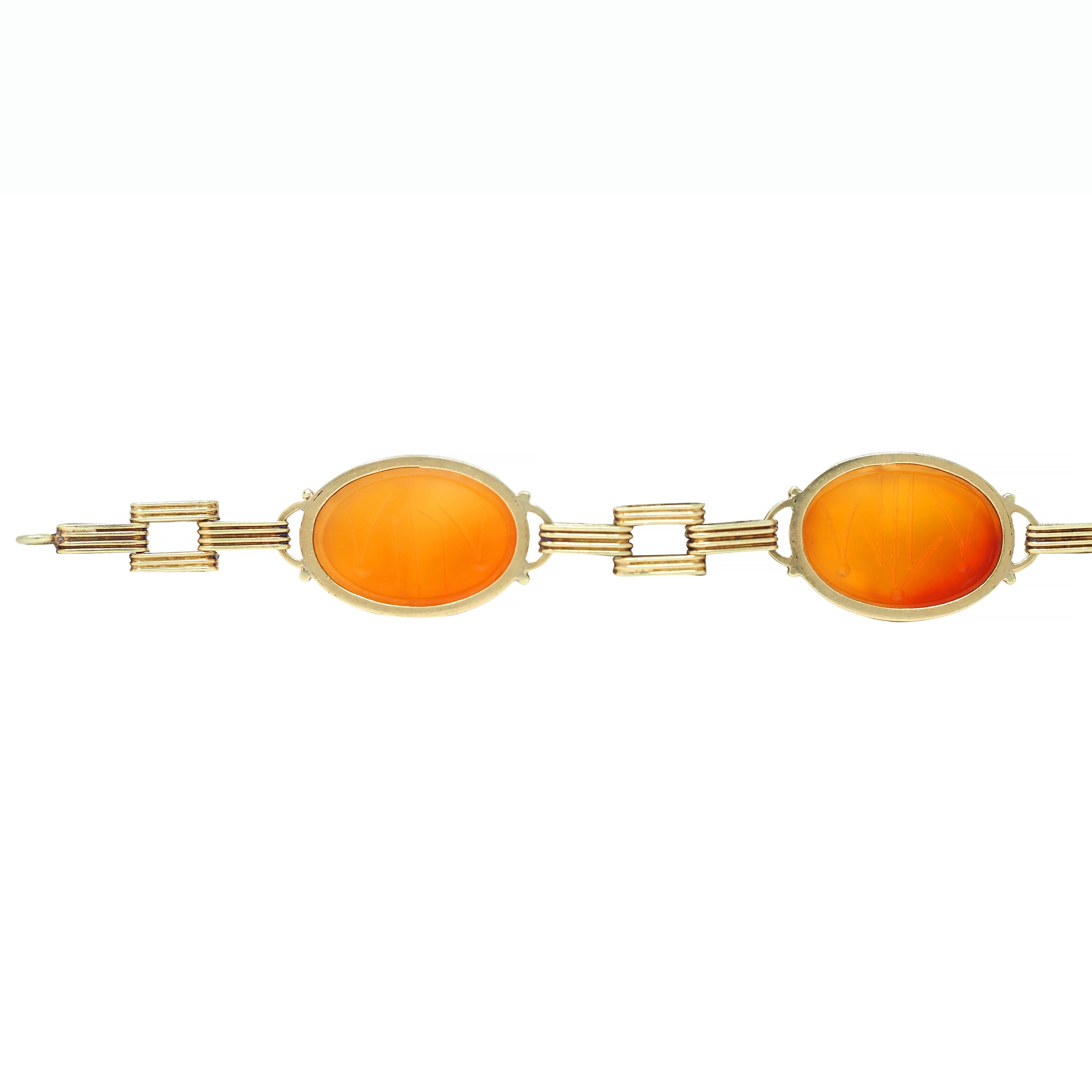 Victorian Egyptian Revival Carnelian 14K Gold Antique Scarab Link Bracelet