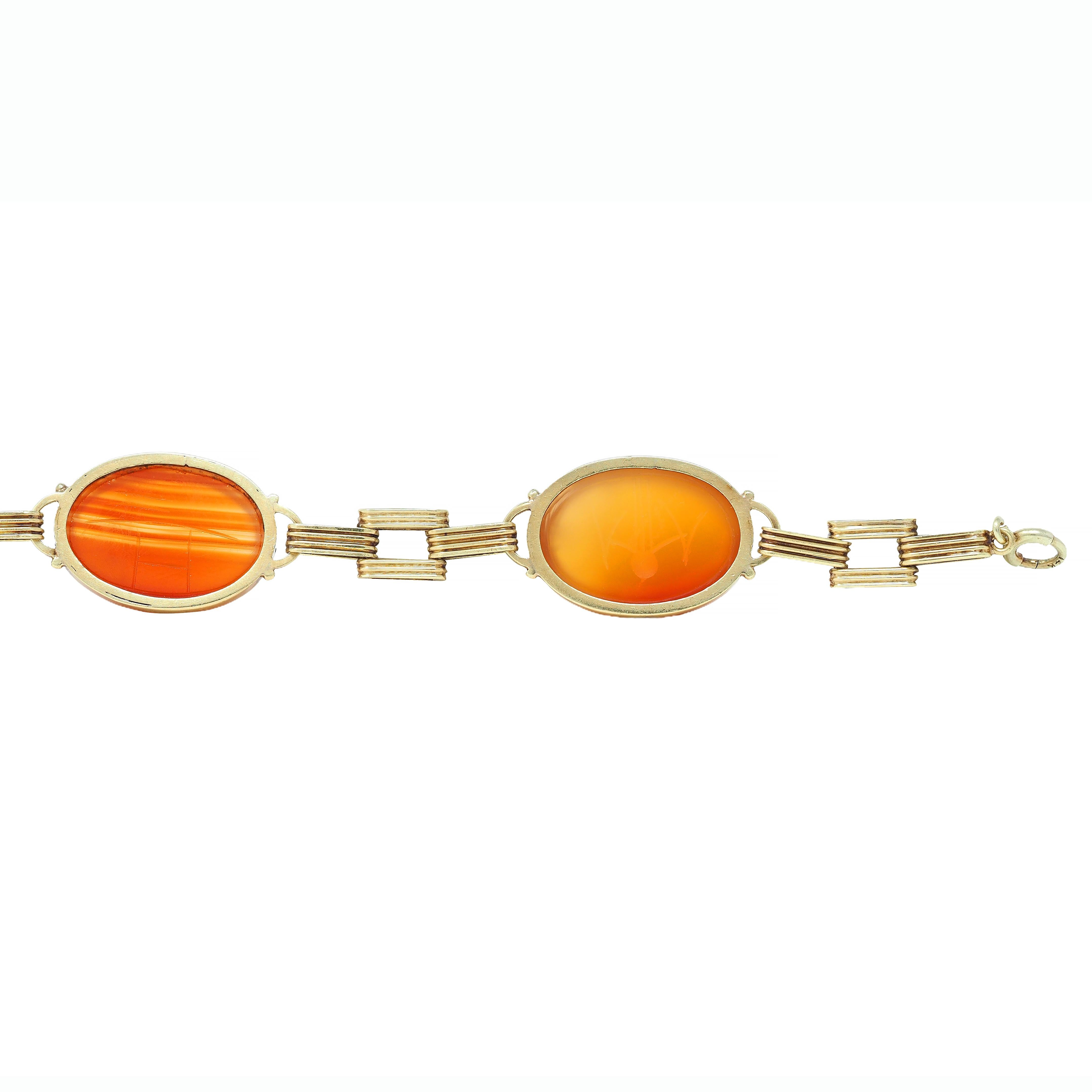 Victorian Egyptian Revival Carnelian 14K Gold Antique Scarab Link Bracelet