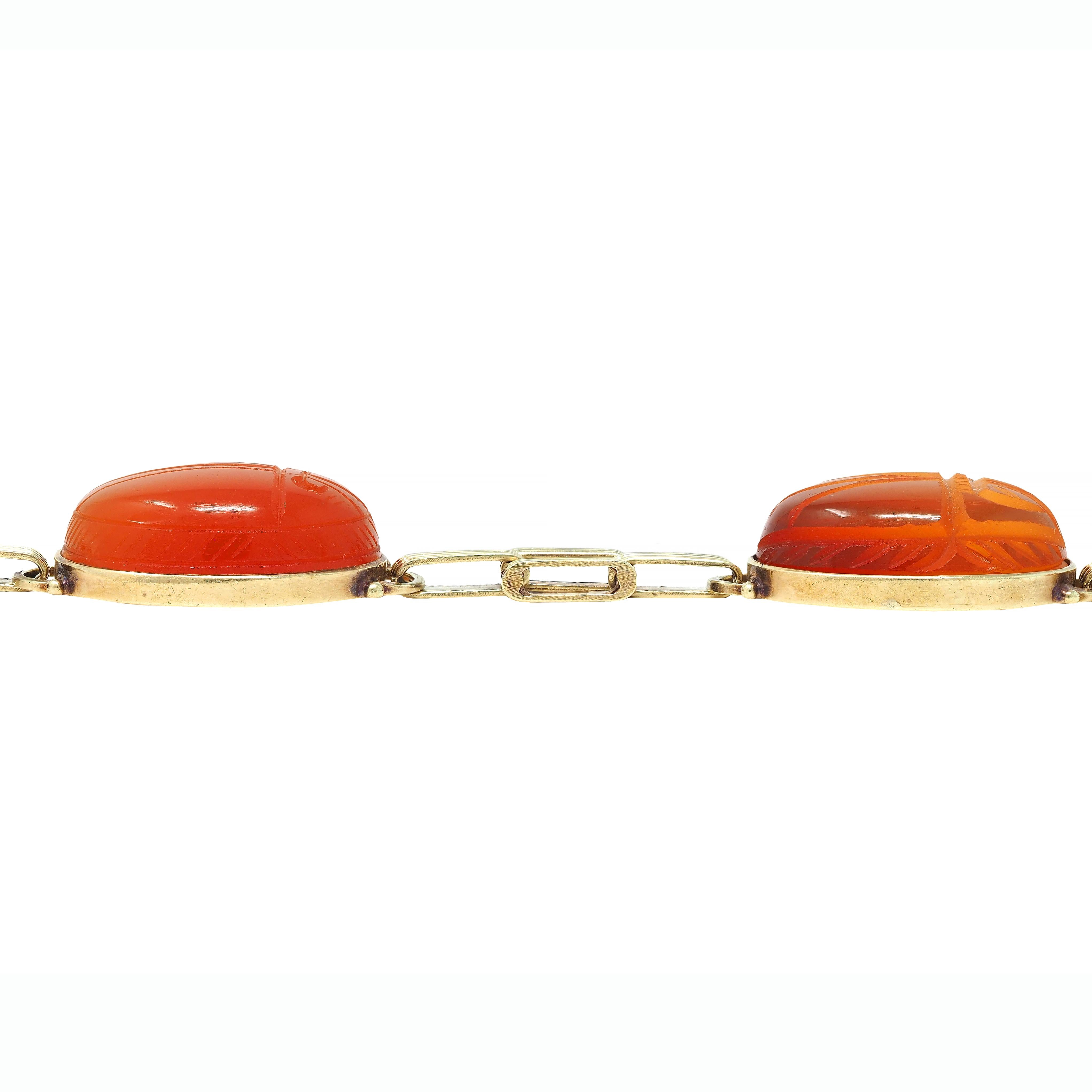 Victorian Egyptian Revival Carnelian 14K Gold Antique Scarab Link Bracelet