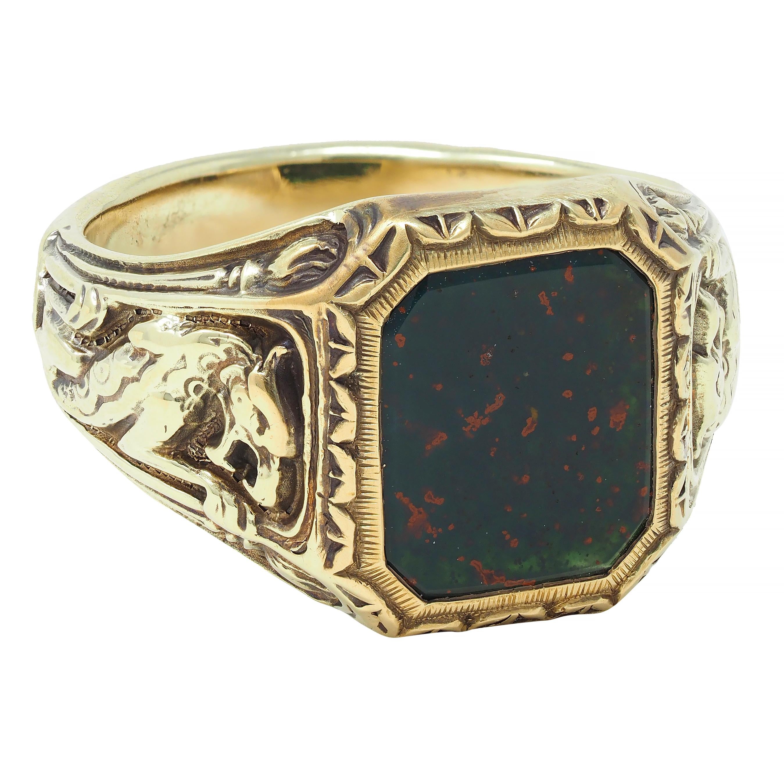 Jones & Woodland Art Nouveau Bloodstone 14K Gold Antique Basilisk Signet Ring