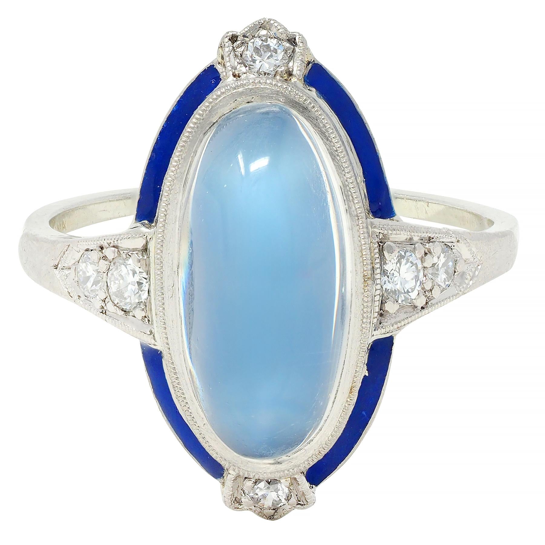 Art Deco Moonstone Diamond Enamel 18 Karat White Gold Antique Dinner Ring