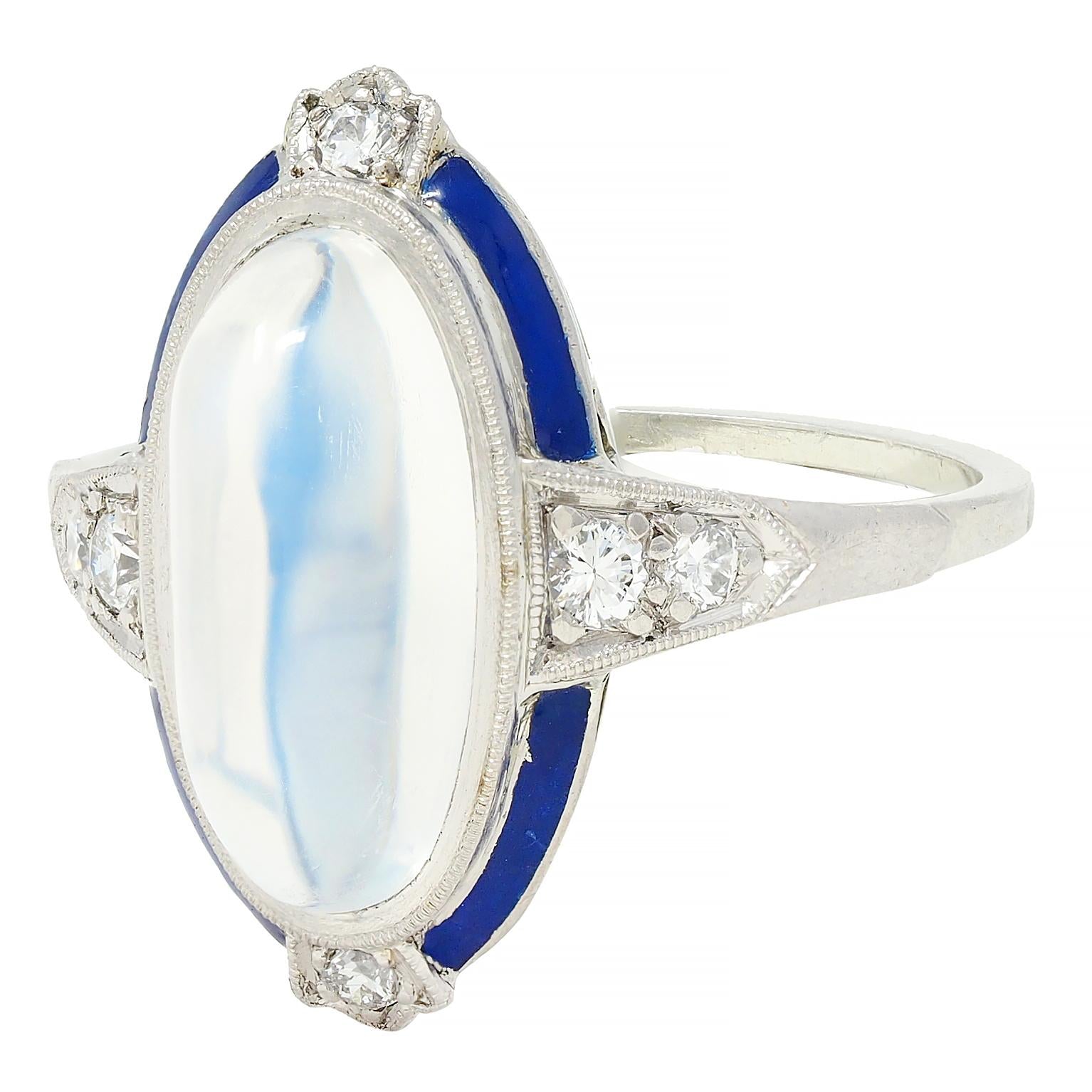 Art Deco Moonstone Diamond Enamel 18 Karat White Gold Antique Dinner Ring