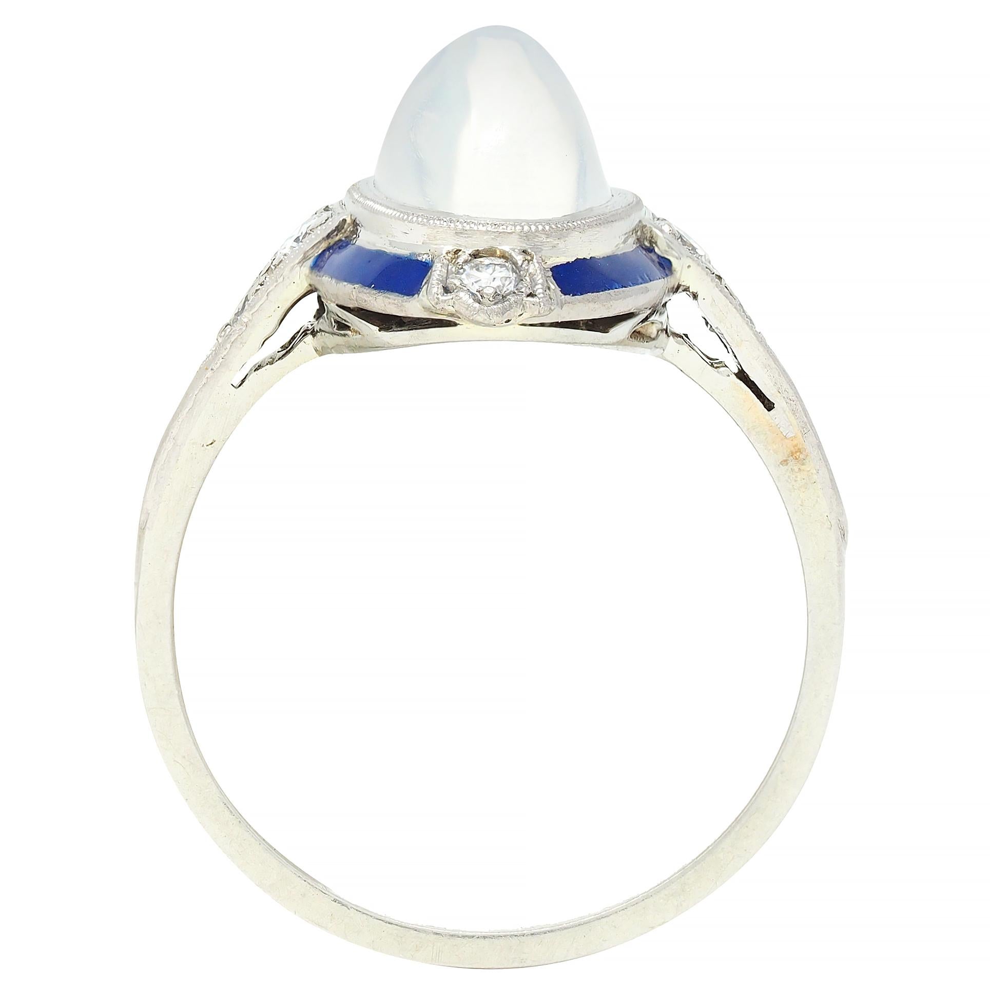 Art Deco Moonstone Diamond Enamel 18 Karat White Gold Antique Dinner Ring