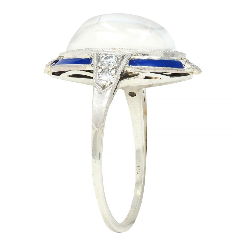 Art Deco Moonstone Diamond Enamel 18 Karat White Gold Antique Dinner Ring