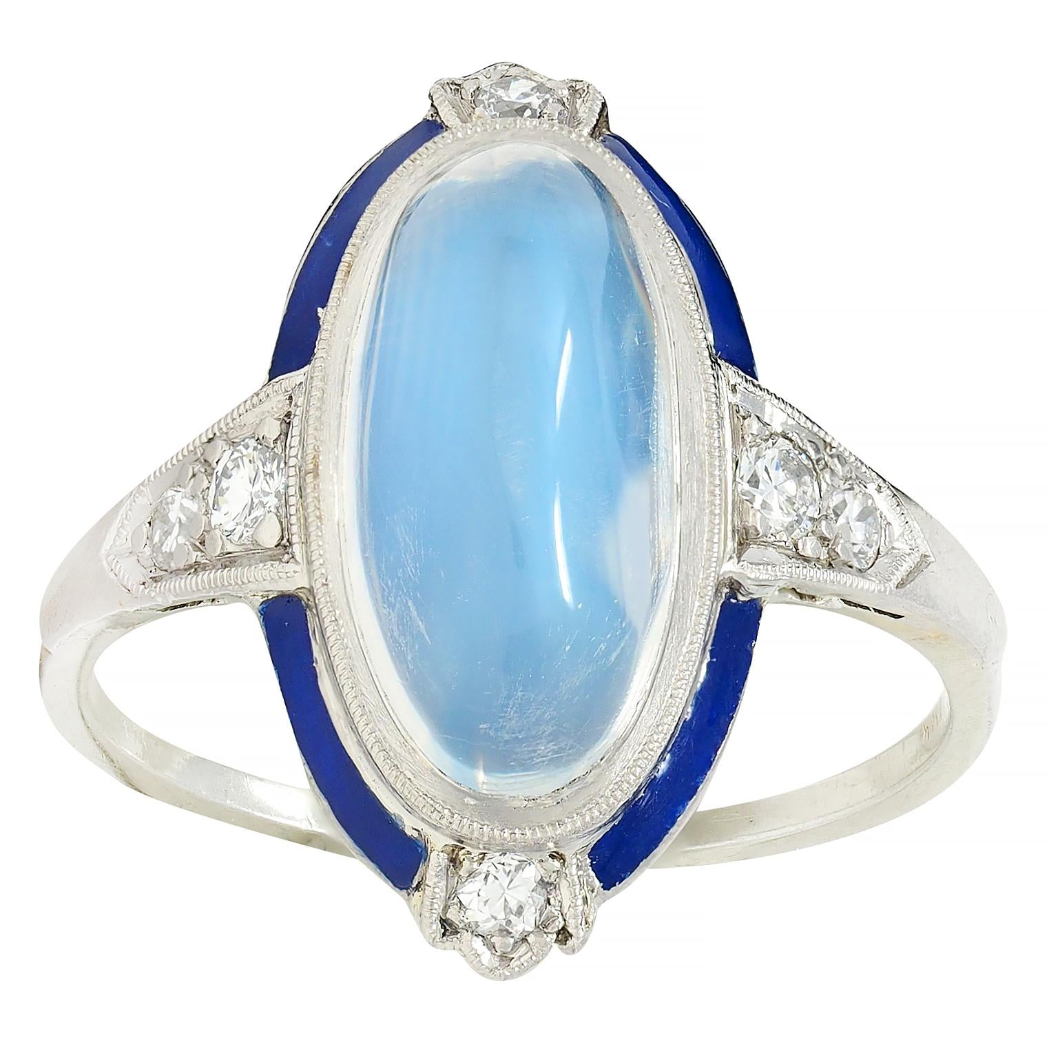 Art Deco Moonstone Diamond Enamel 18 Karat White Gold Antique Dinner Ring