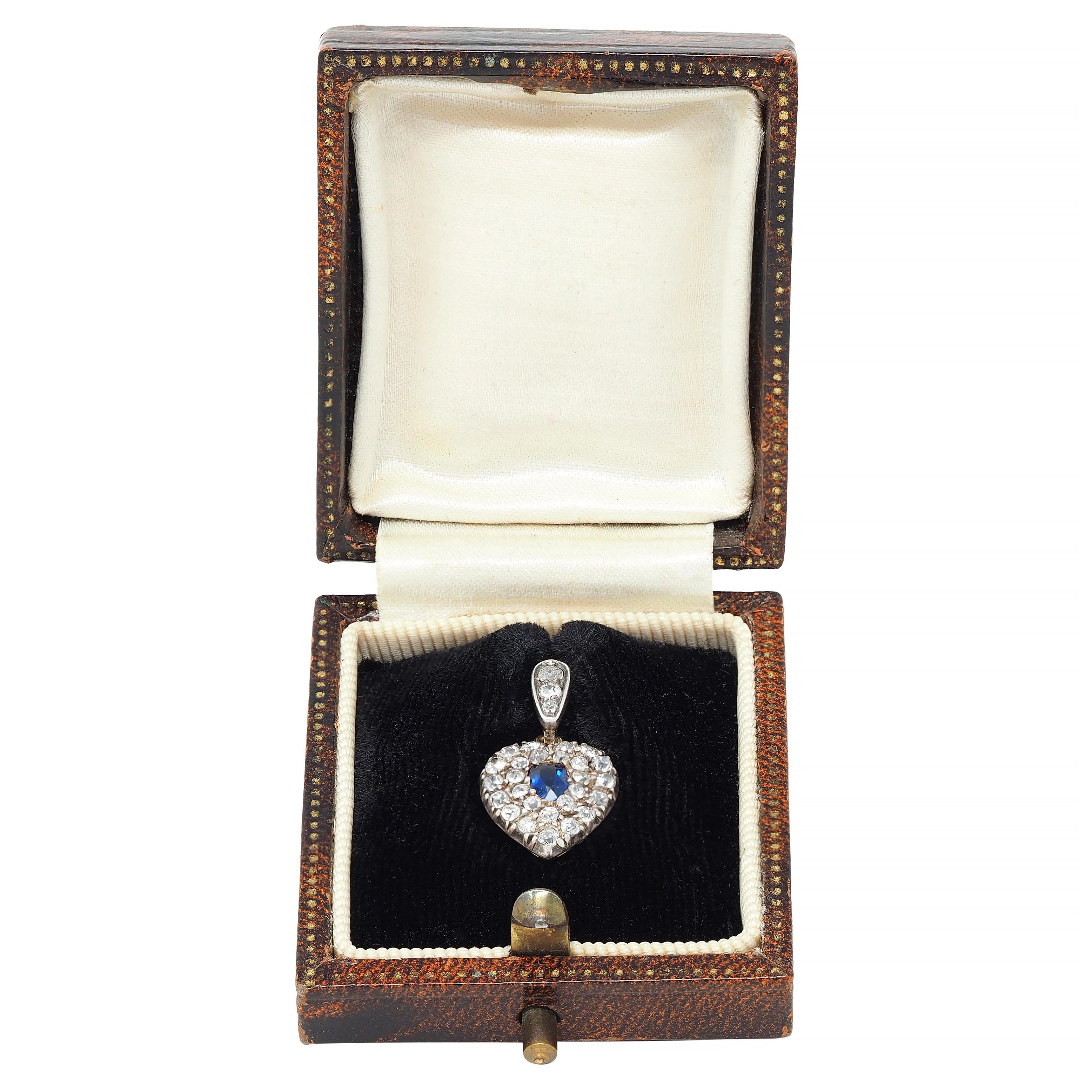 Victorian 0.95 CTW Sapphire Diamond Silver 14 Karat Gold Antique Heart Pendant