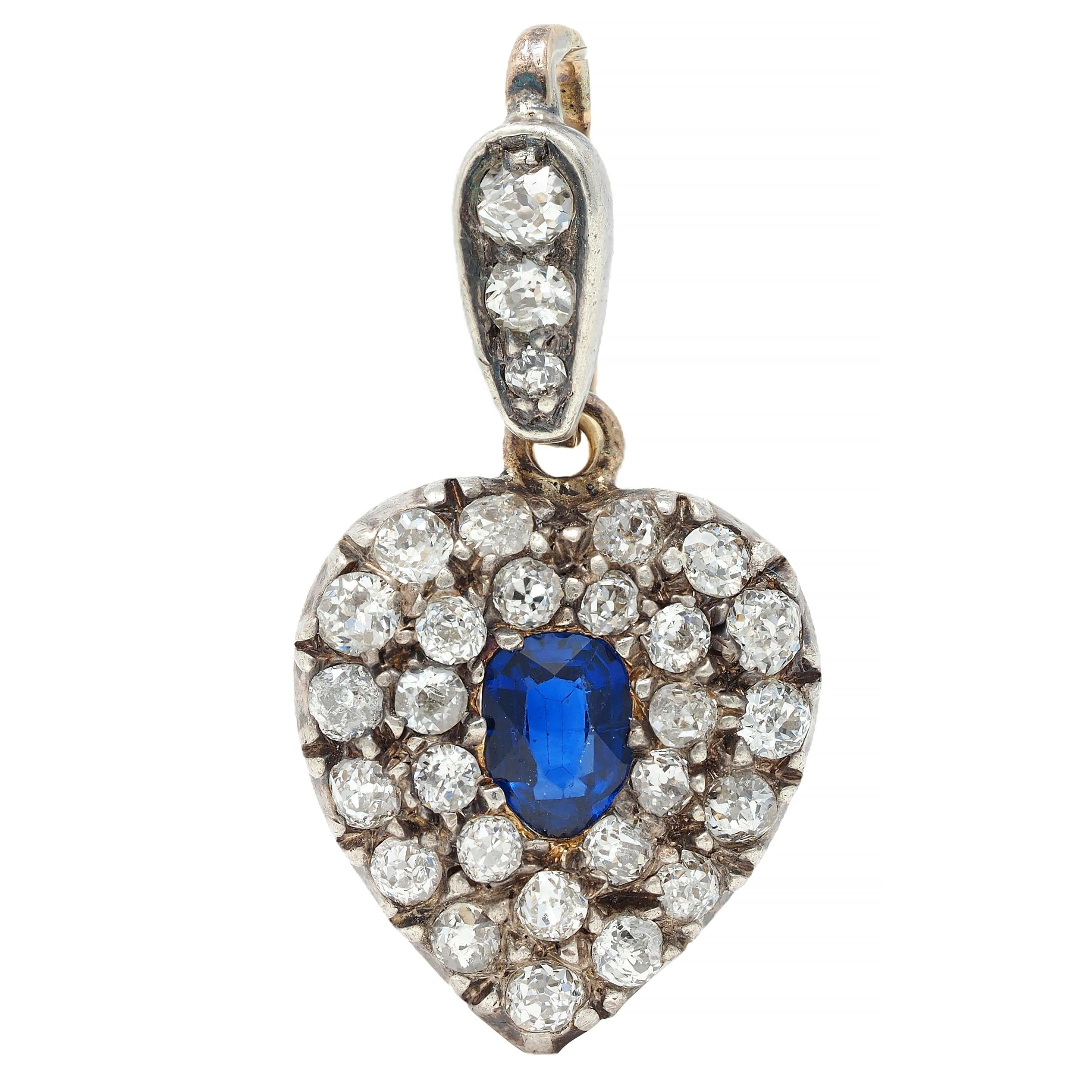 Victorian 0.95 CTW Sapphire Diamond Silver 14 Karat Gold Antique Heart Pendant