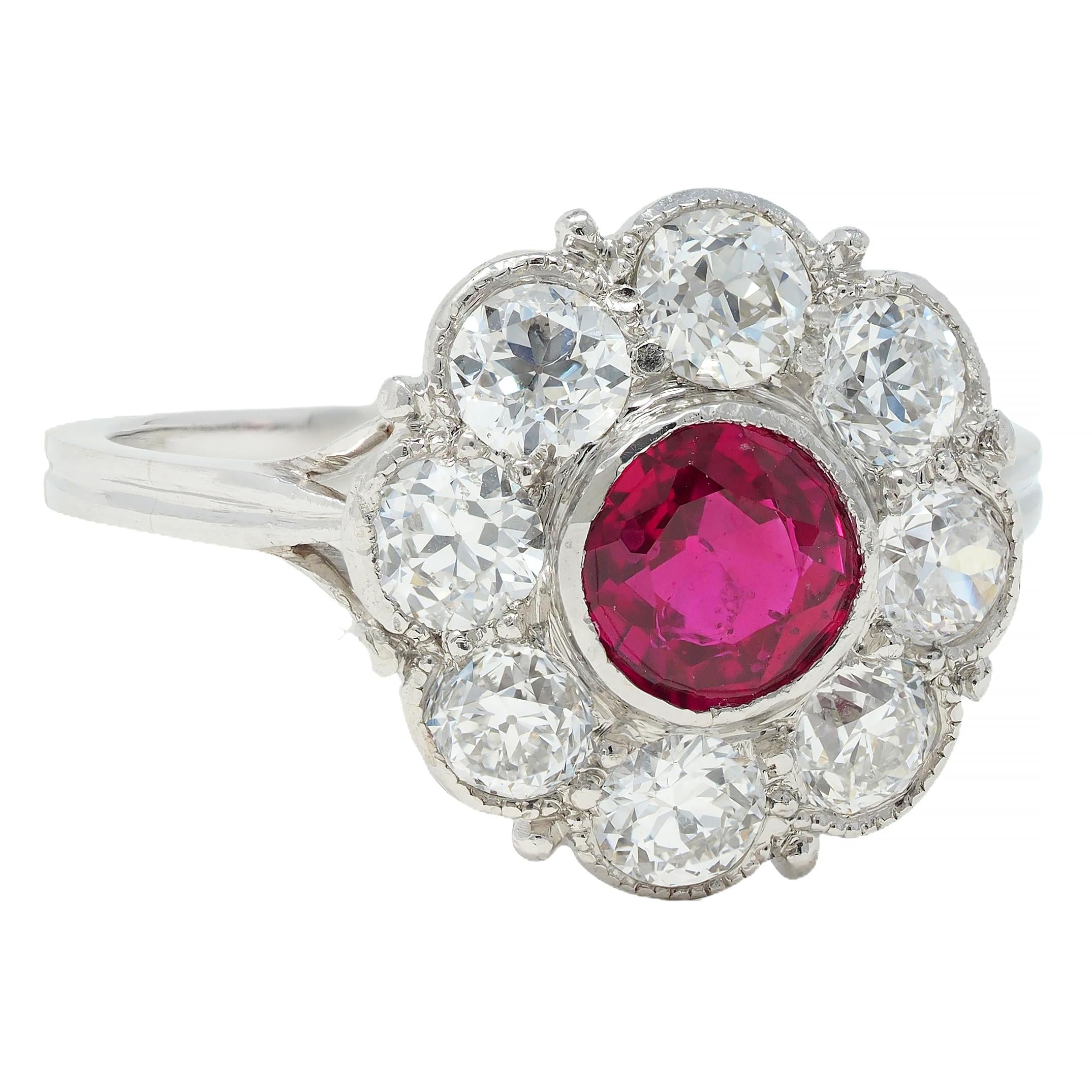 Art Deco 2.06 CTW No Heat Burma Ruby Diamond Platinum Vintage Halo Ring GIA