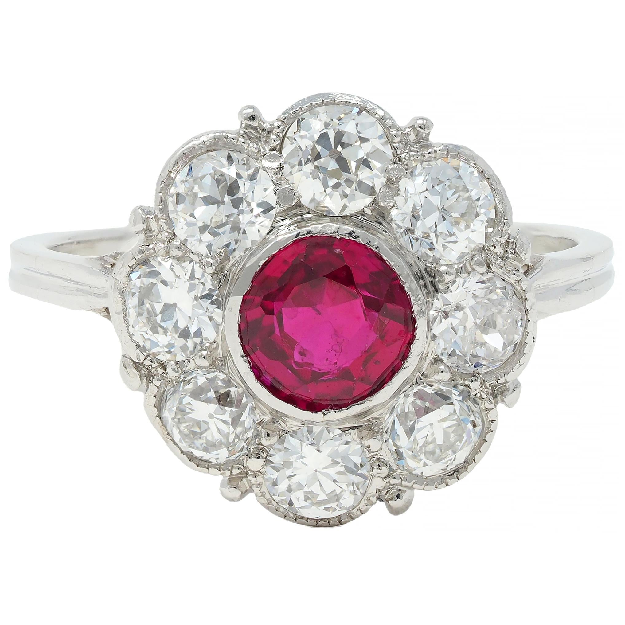 Art Deco 2.06 CTW No Heat Burma Ruby Diamond Platinum Vintage Halo Ring GIA