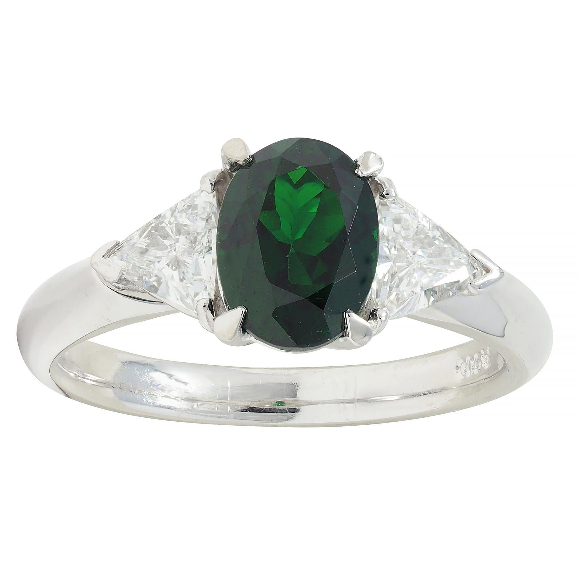 Contemporary 2.19 CTW Tsavorite Garnet Diamond Platinum Three Stone Ring