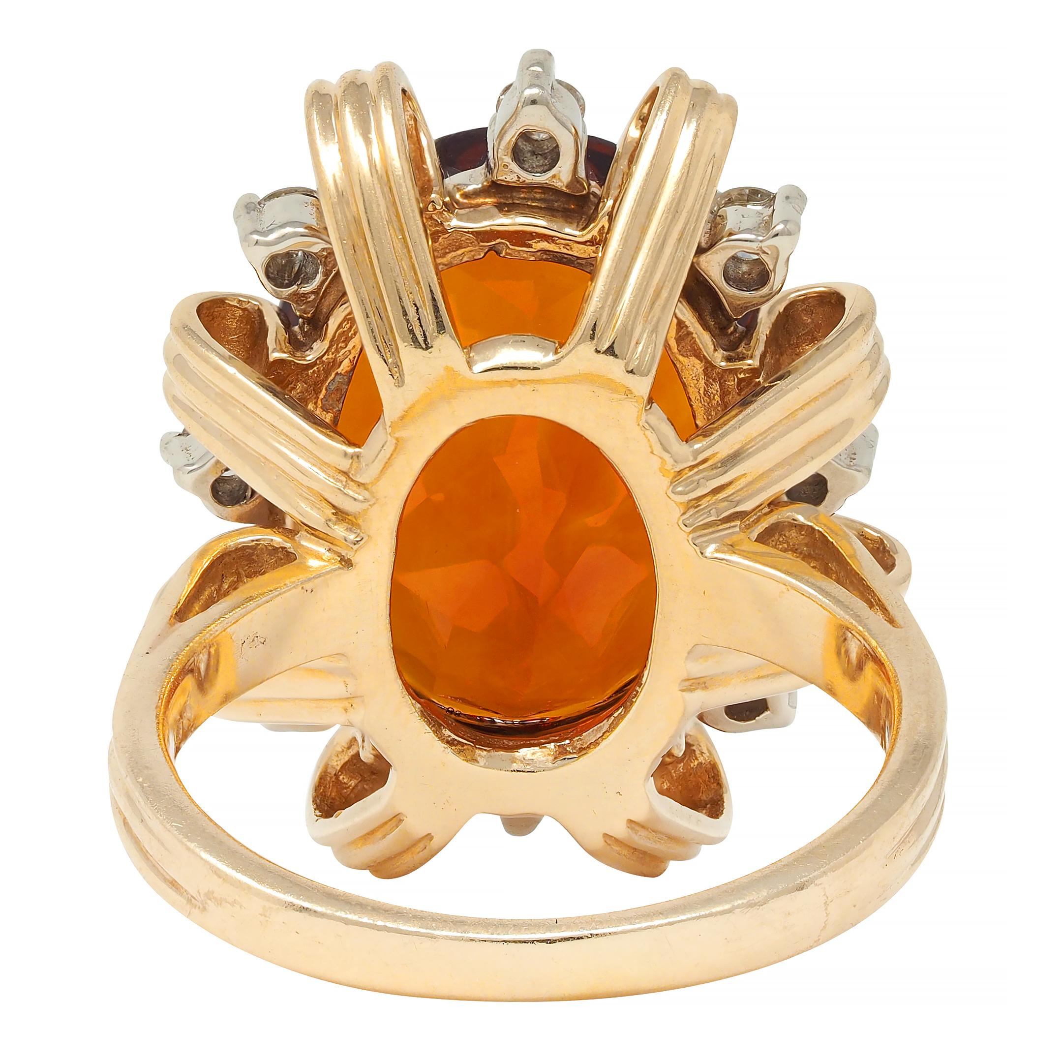 Mid-Century 13.75 CTW Citrine Diamond 18 Karat Gold Vintage Ribbon Cocktail Ring