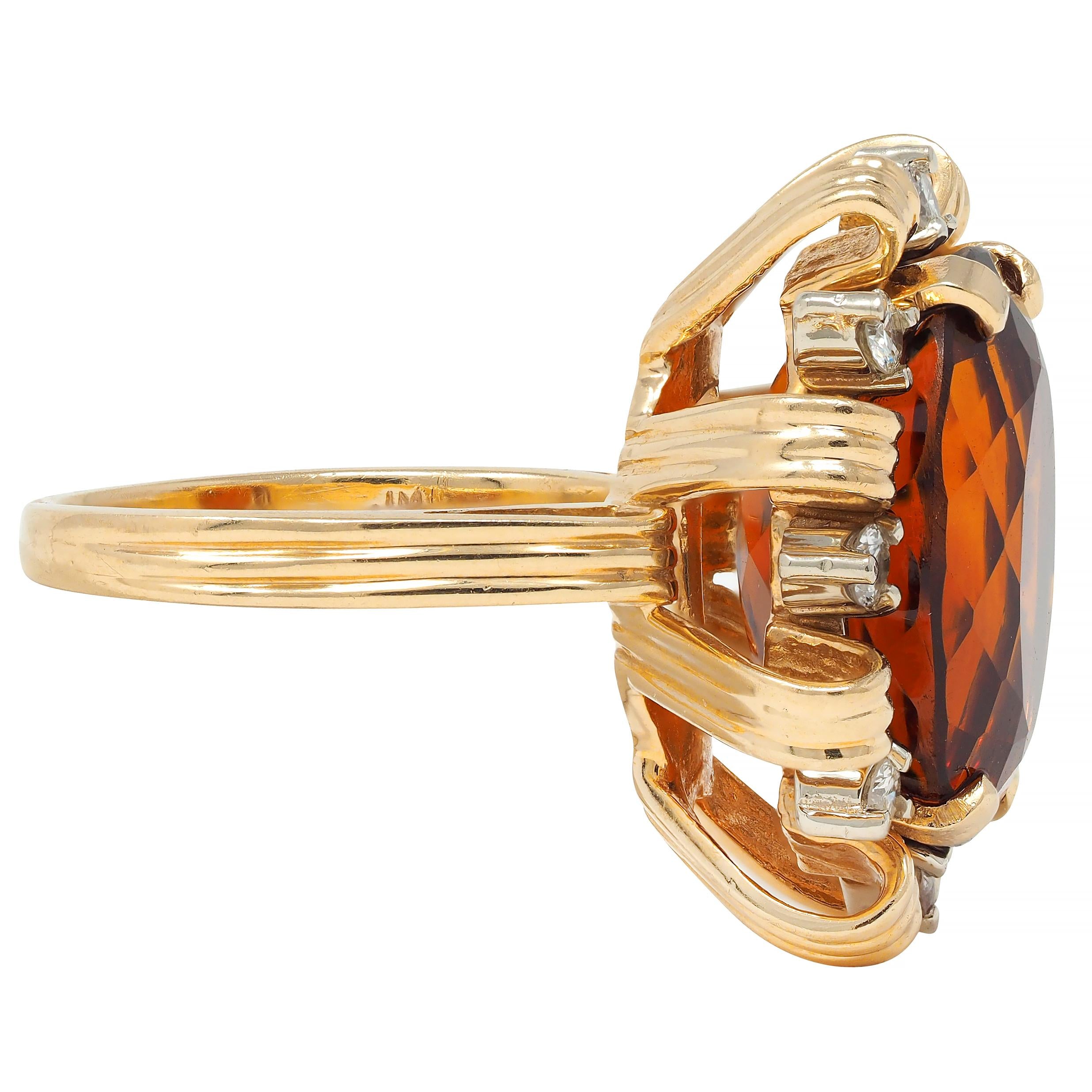 Mid-Century 13.75 CTW Citrine Diamond 18 Karat Gold Vintage Ribbon Cocktail Ring