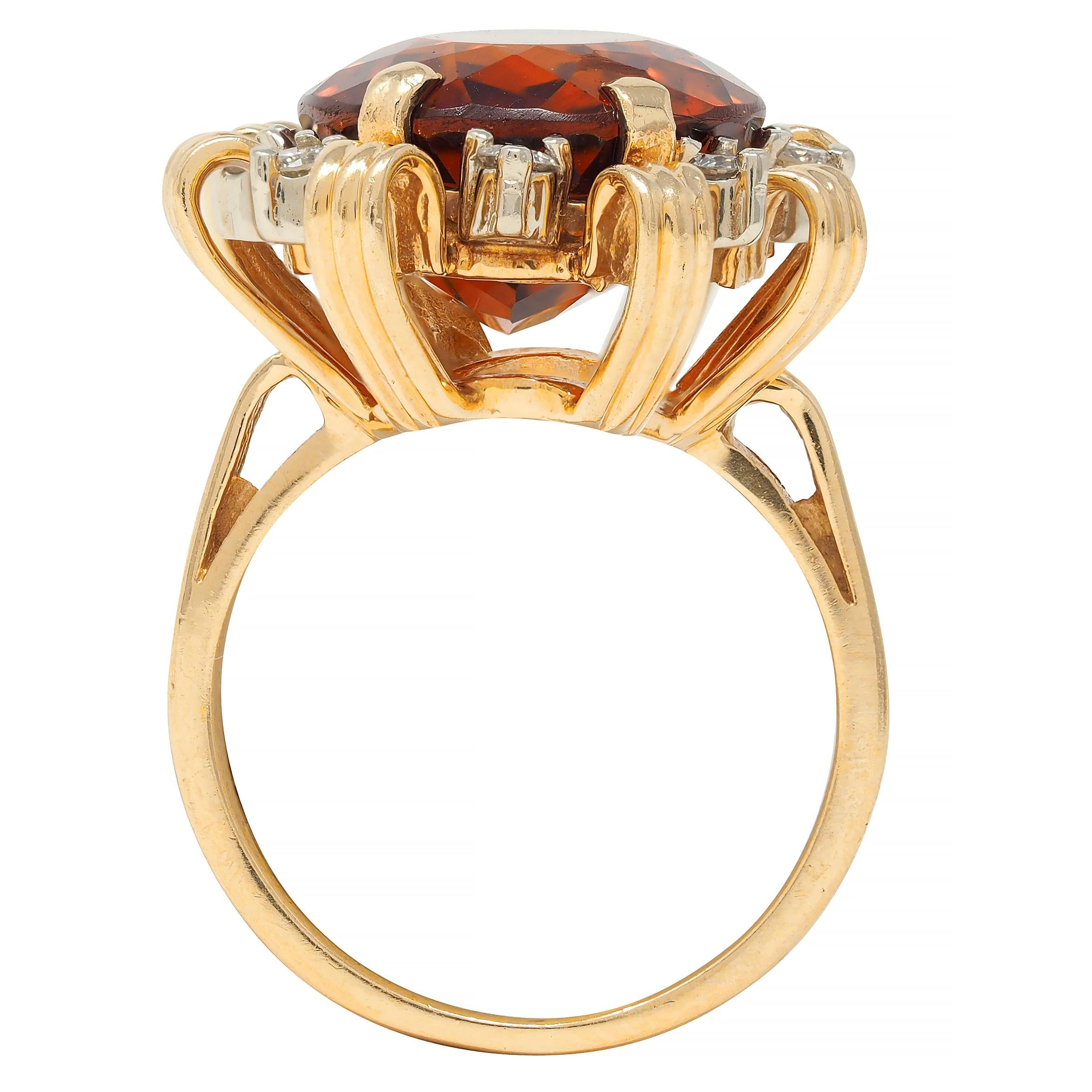 Mid-Century 13.75 CTW Citrine Diamond 18 Karat Gold Vintage Ribbon Cocktail Ring