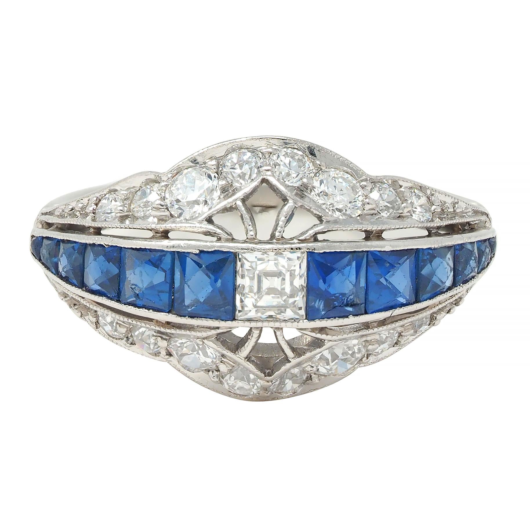 Durand & Co Art Deco 2.29 CTW Sapphire Diamond Platinum Vintage Bombé Band Ring