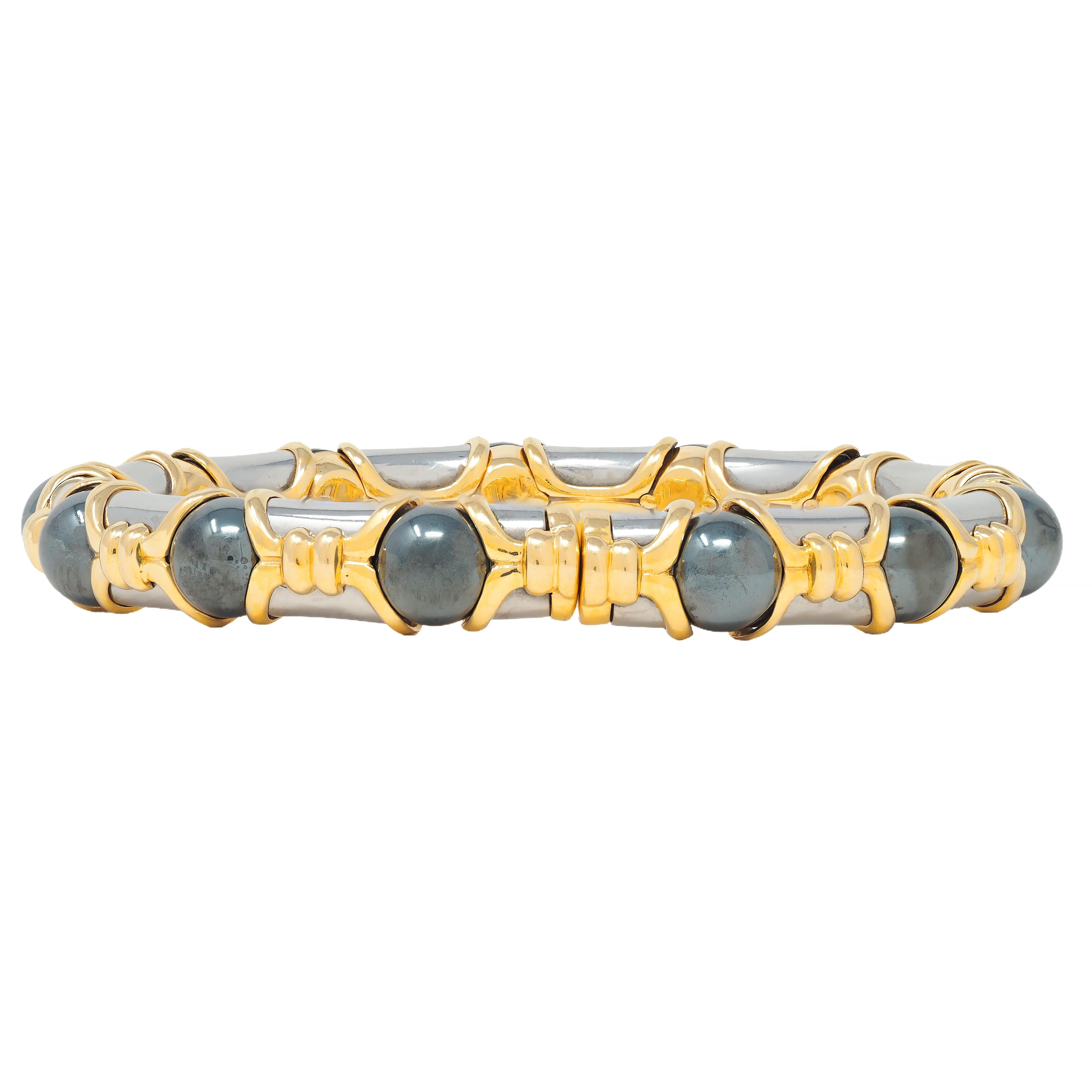 Bulgari 1989 Hematite 18 Karat Yellow Gold Stainless Steel Vintage Cuff Bracelet