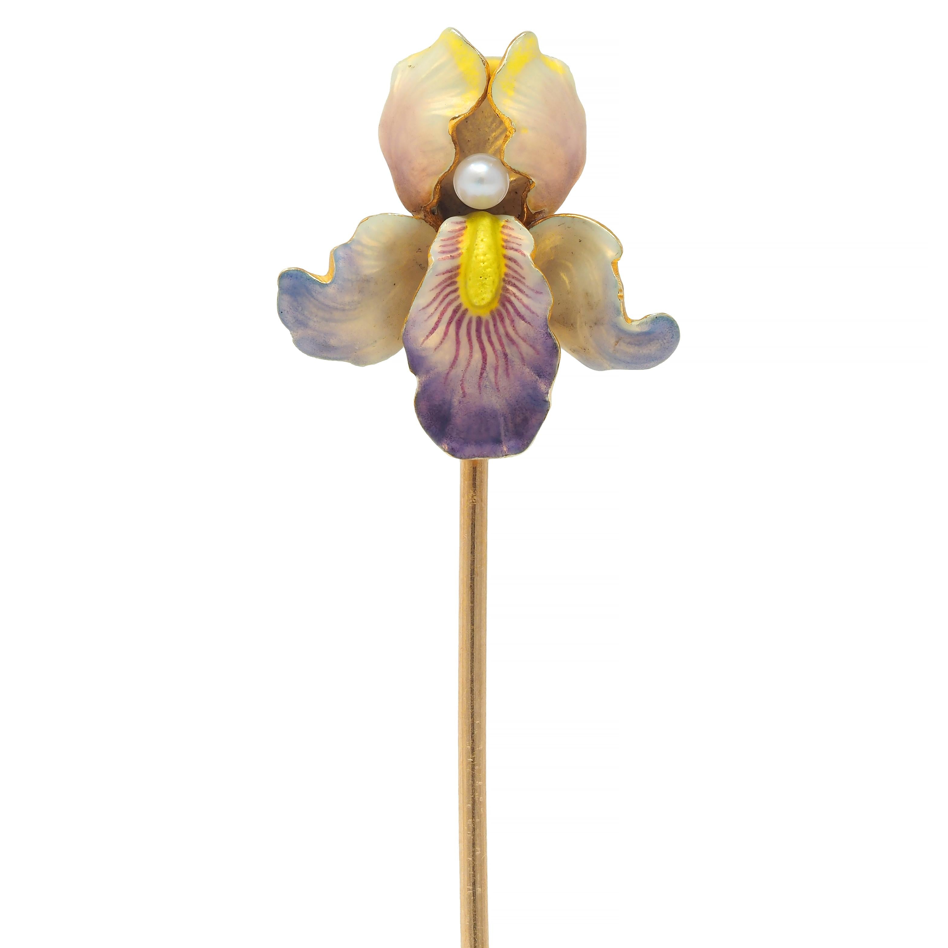 Art Nouveau Enamel Pearl 14 Karat Gold Antique Iris Flower Whiteside Stickpin