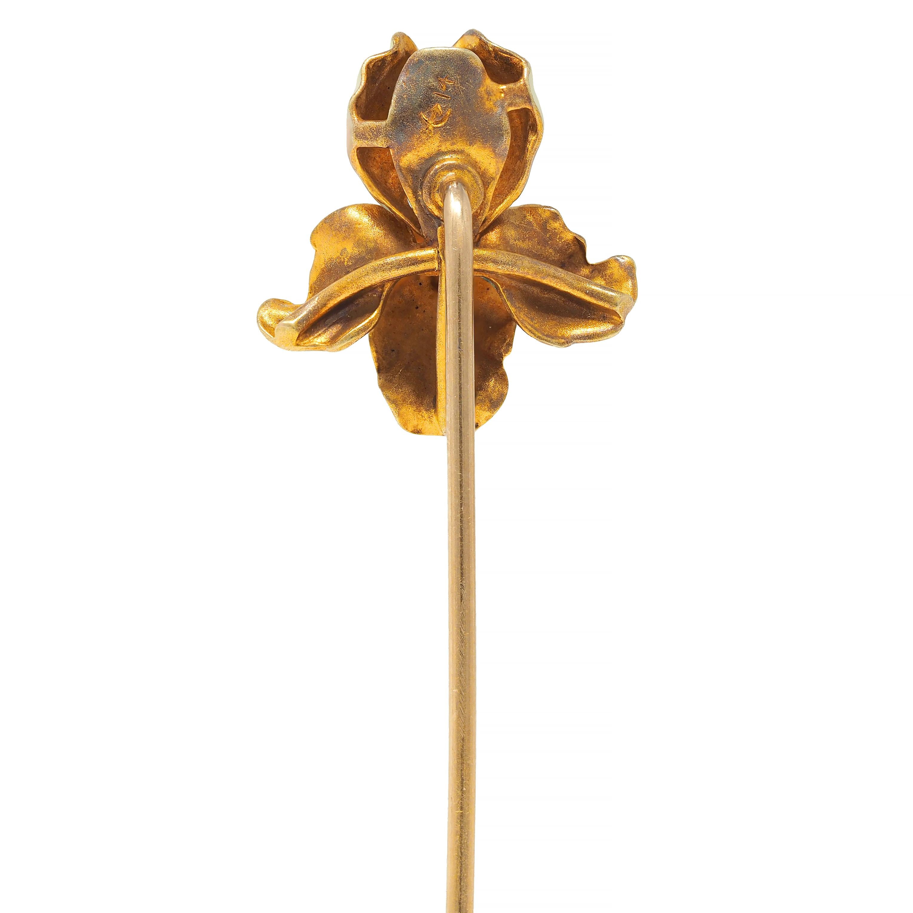 Art Nouveau Enamel Pearl 14 Karat Gold Antique Iris Flower Whiteside Stickpin