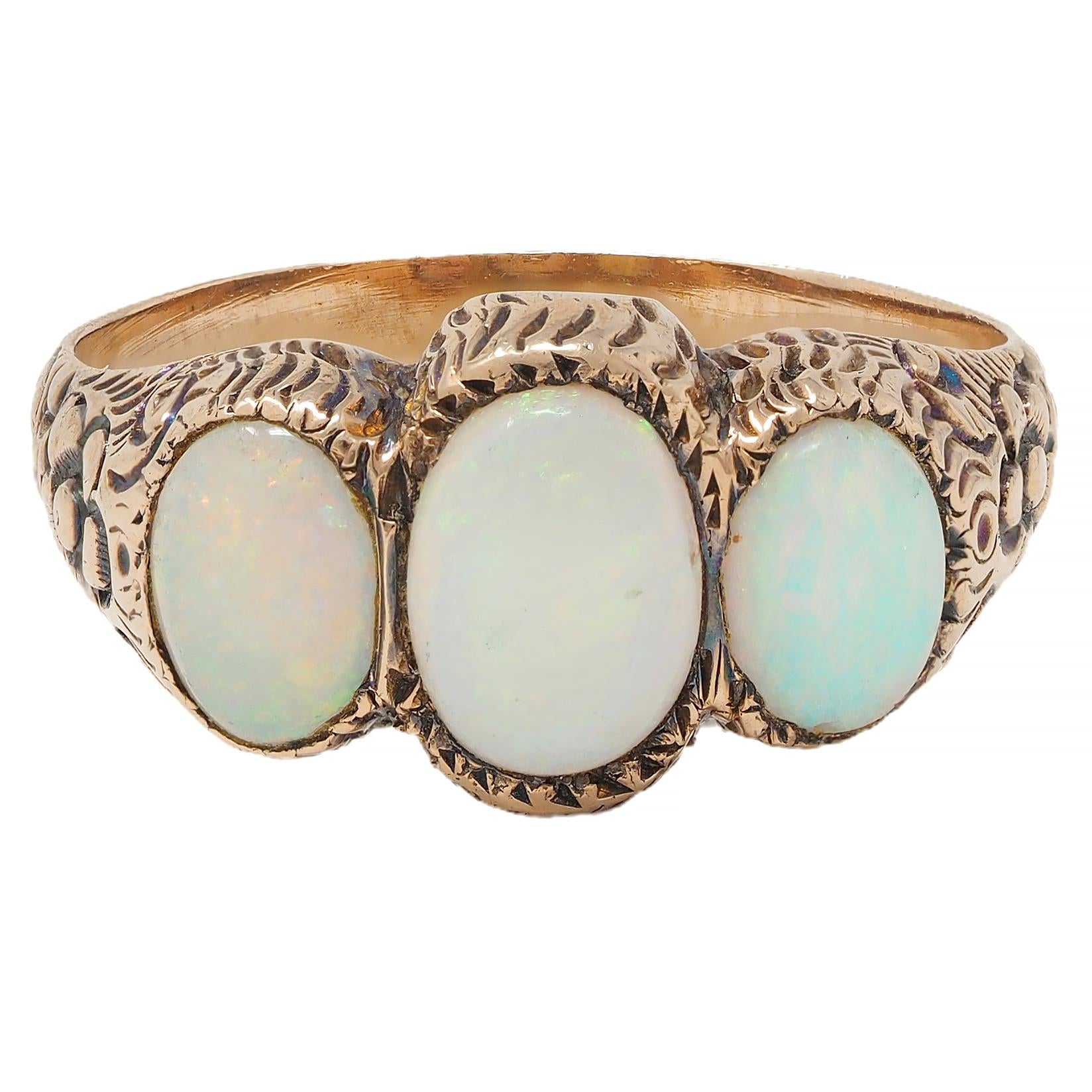 Victorian Opal Cabochon 14 Karat Rose Gold Antique Three Stone Floral Band Ring