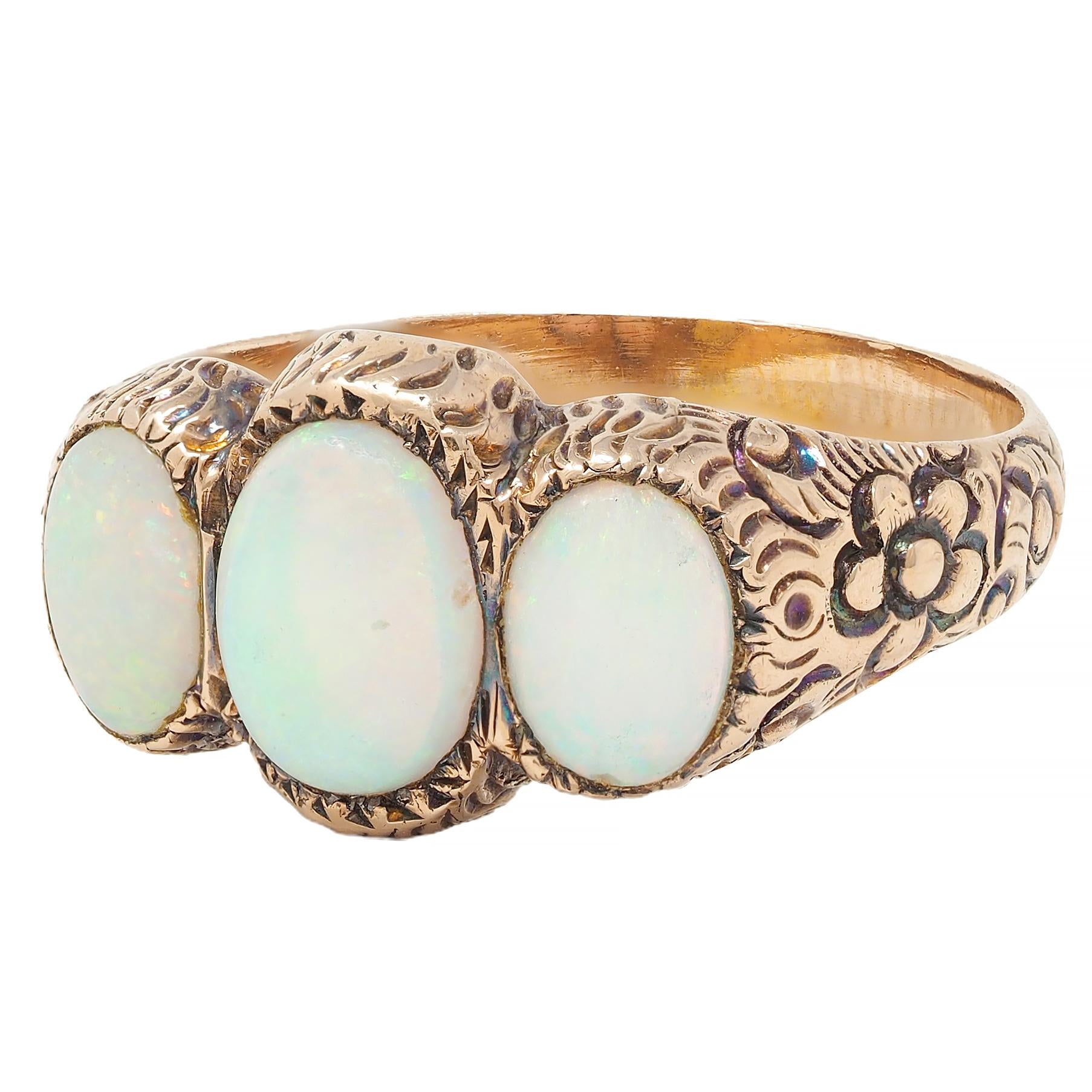 Victorian Opal Cabochon 14 Karat Rose Gold Antique Three Stone Floral Band Ring