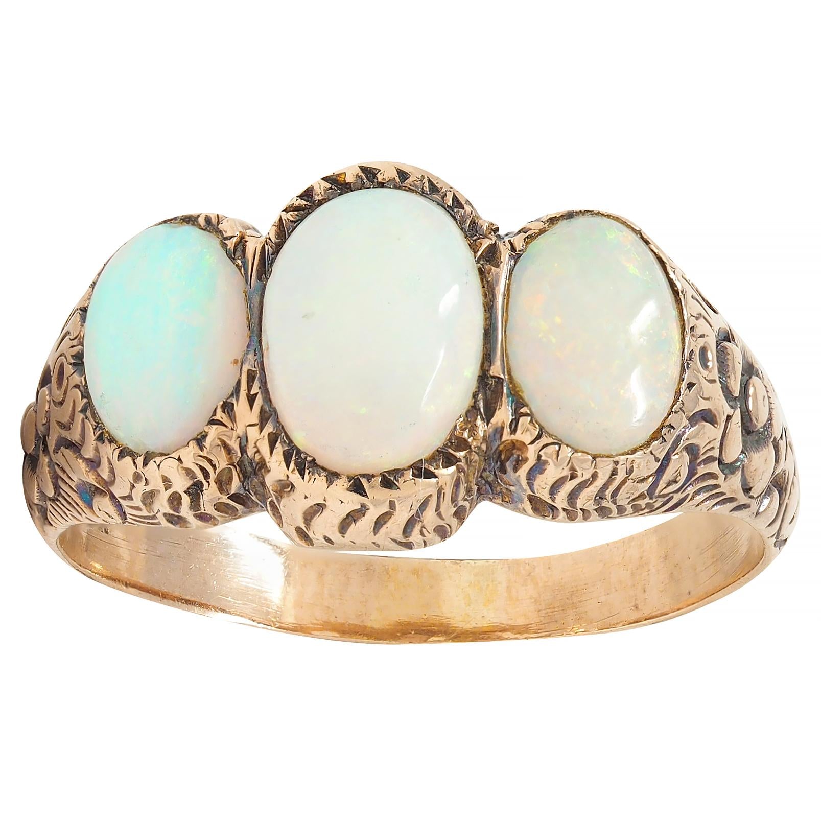 Victorian Opal Cabochon 14 Karat Rose Gold Antique Three Stone Floral Band Ring