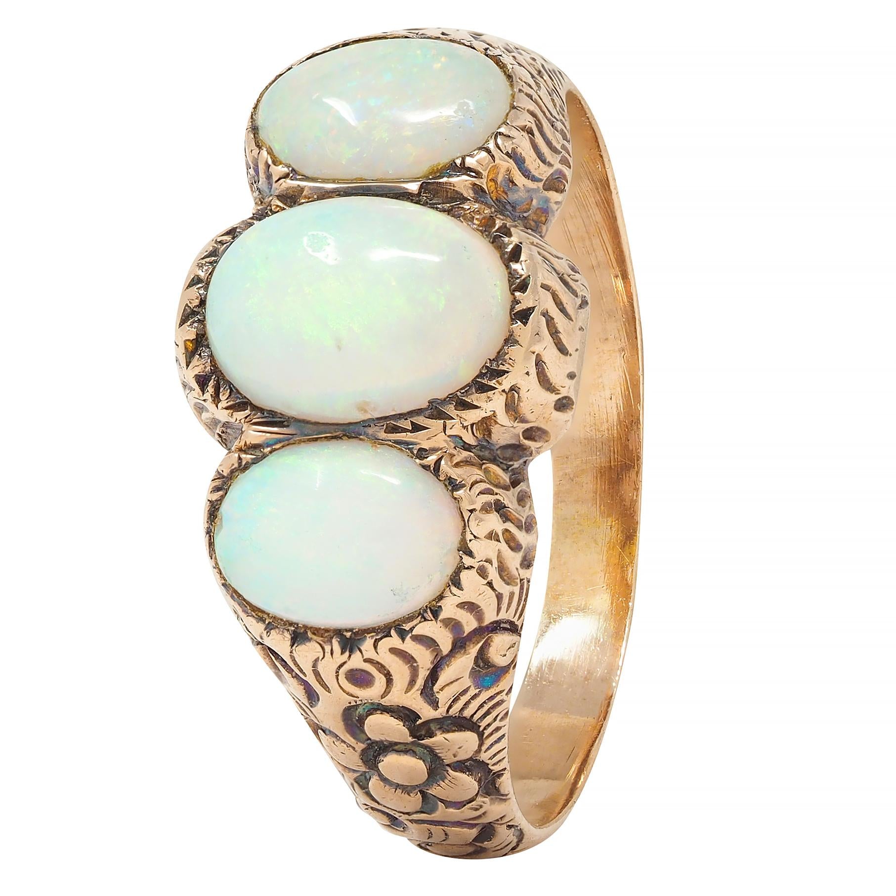 Victorian Opal Cabochon 14 Karat Rose Gold Antique Three Stone Floral Band Ring