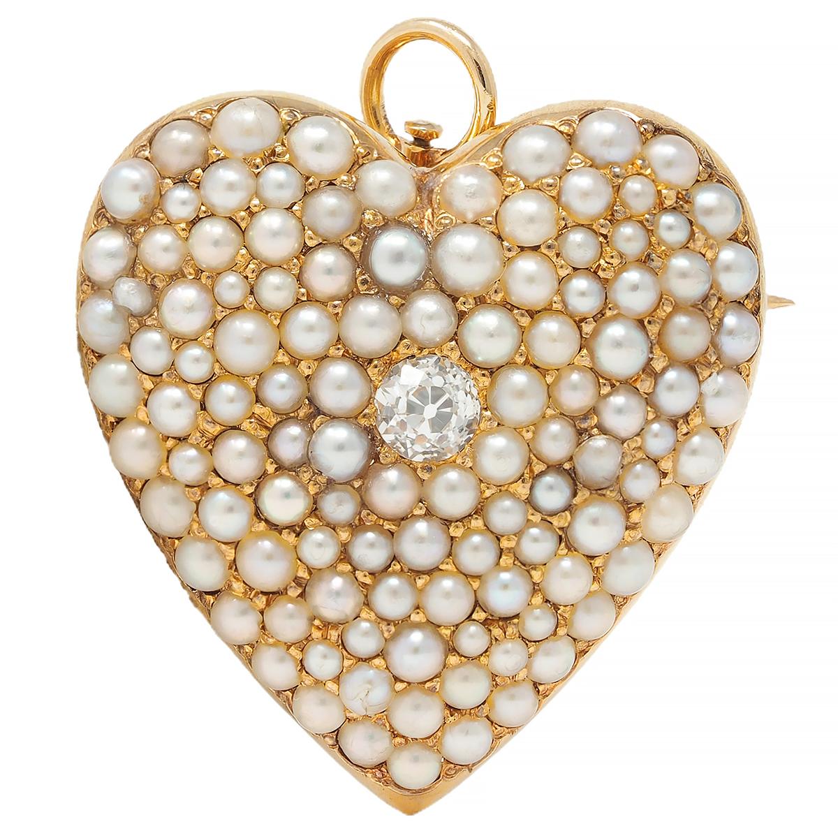 Victorian Diamond Pearl 14 Karat Yellow Gold Antique Heart Pendant Brooch