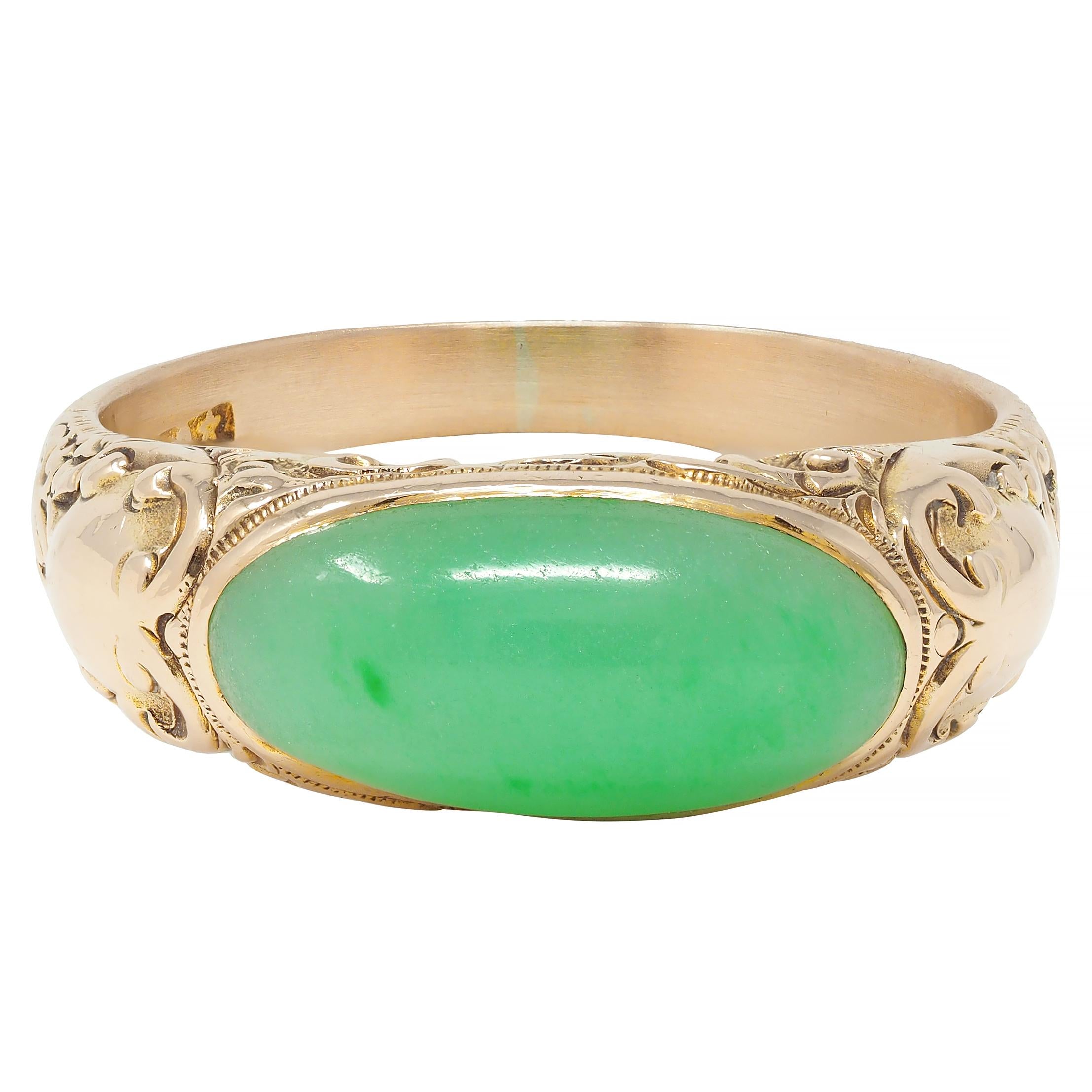 Allsopp Bros. Art Nouveau Jade 14 Karat Yellow Gold Antique Unisex Signet Ring