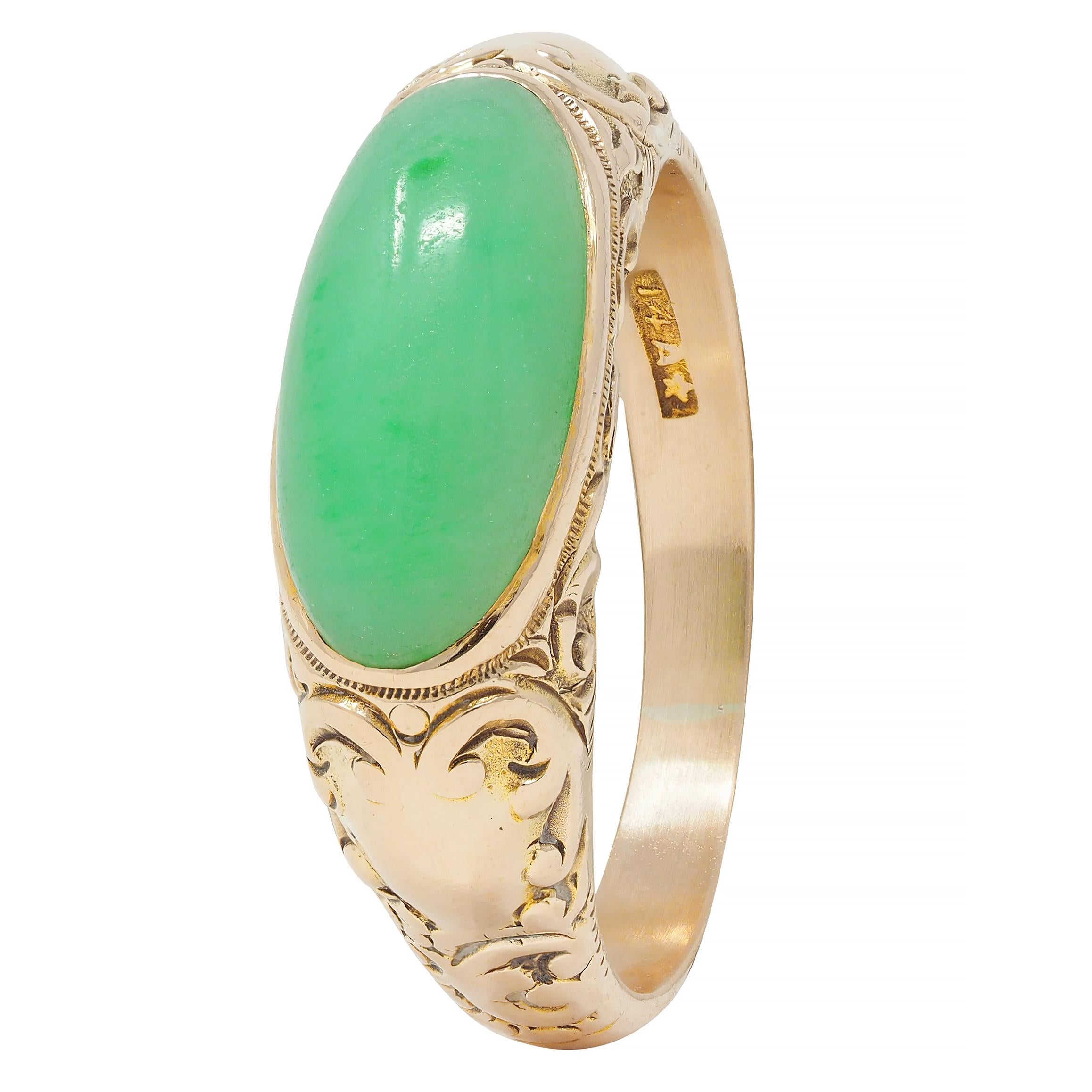 Allsopp Bros. Art Nouveau Jade 14 Karat Yellow Gold Antique Unisex Signet Ring