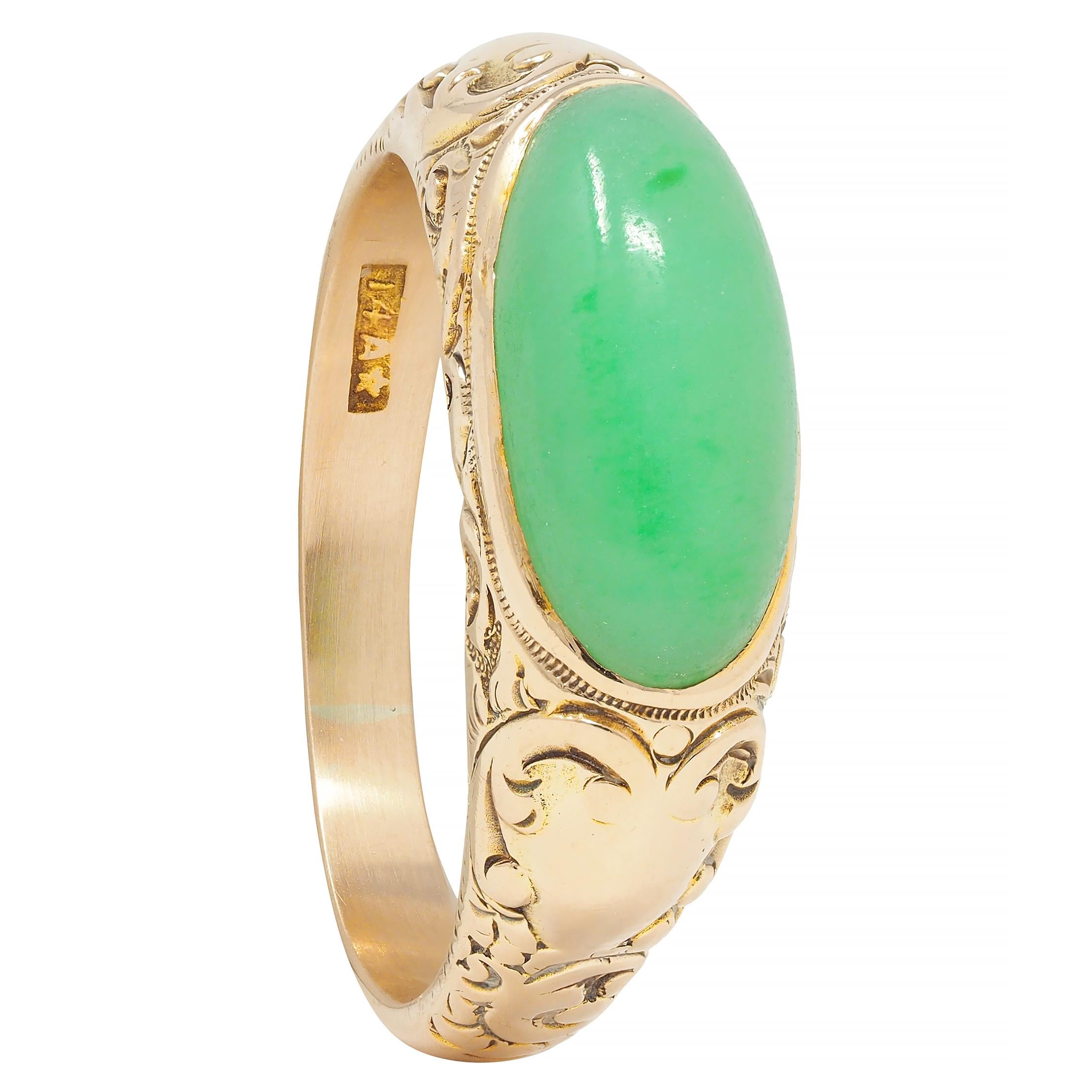 Allsopp Bros. Art Nouveau Jade 14 Karat Yellow Gold Antique Unisex Signet Ring