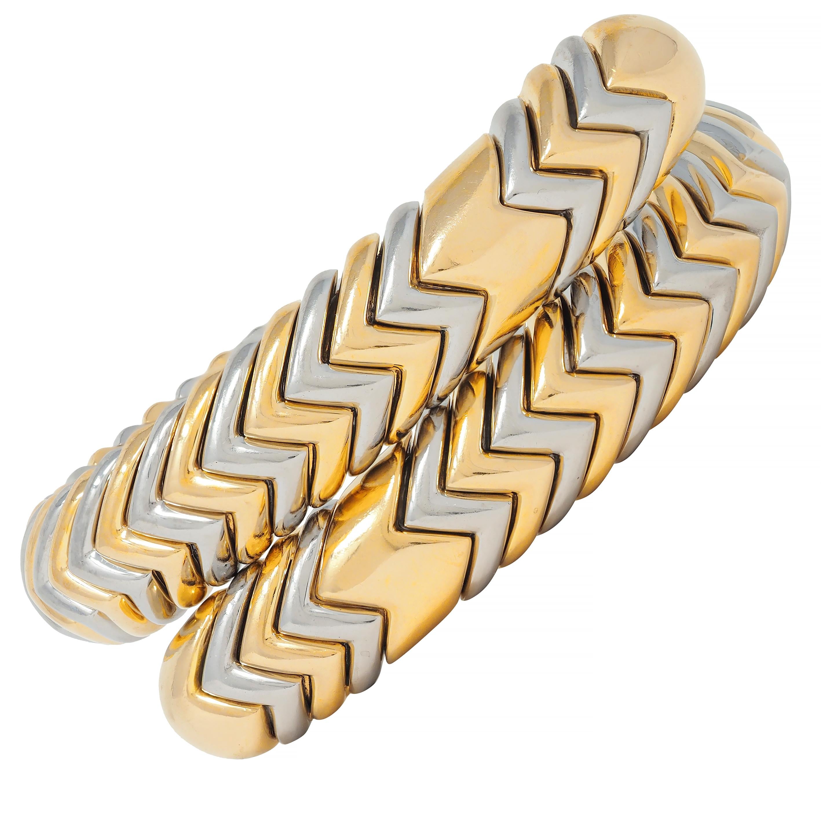 Bulgari 18K Gold Stainless Steel Spiga Chevron Wrap Vintage Bangle Bracelet