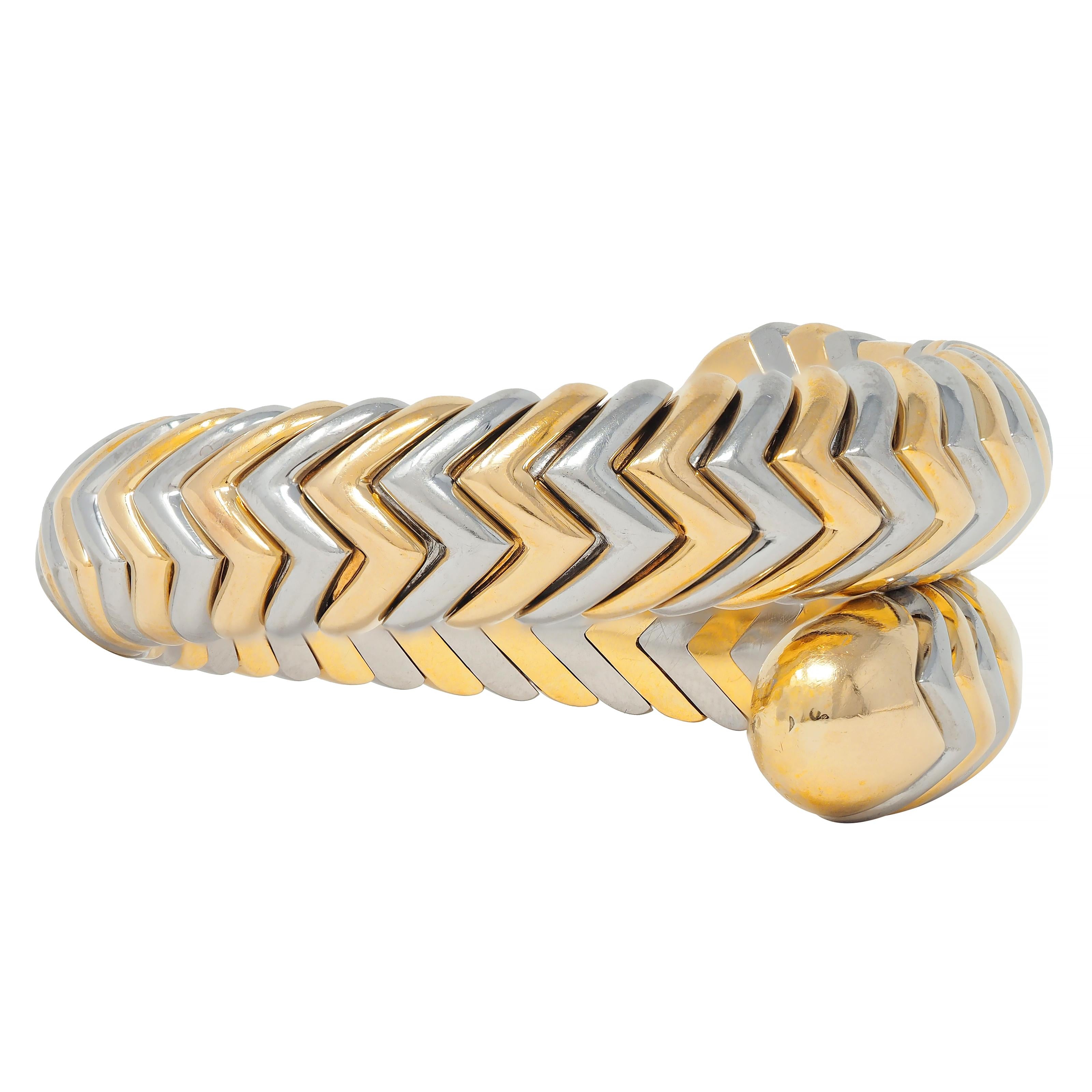 Bulgari 18K Gold Stainless Steel Spiga Chevron Wrap Vintage Bangle Bracelet