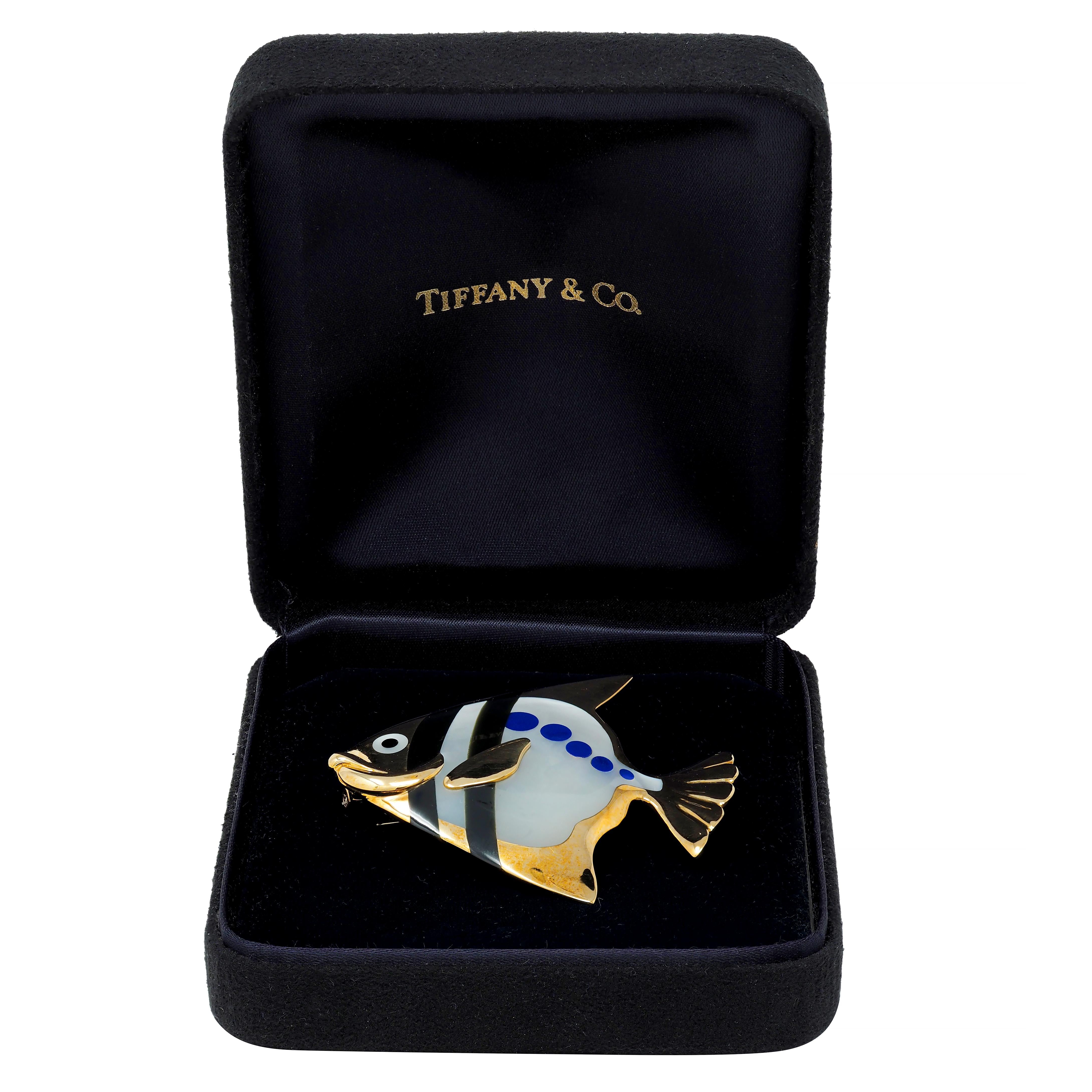 Angela Cummings Tiffany & Co. 1970 Inlaid Multi-Gem 18K Gold Angel Fish Brooch