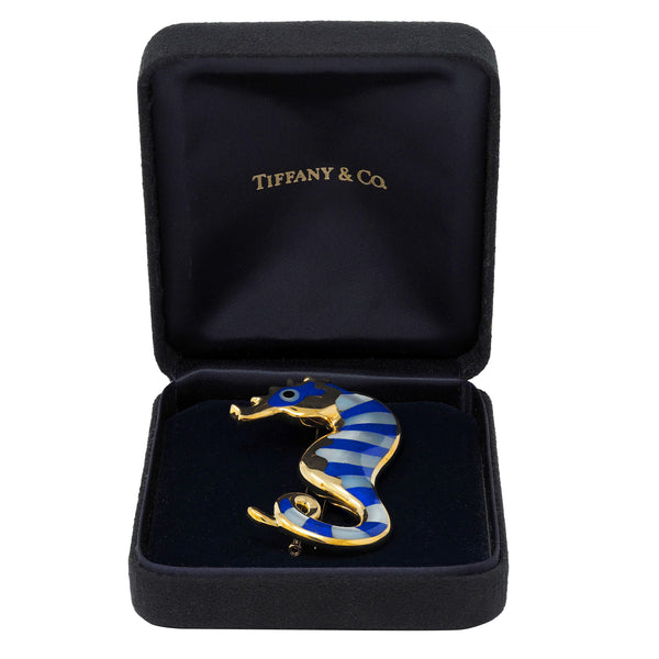 Tiffany & Co. 1970's Lapis Lazuli Mother-Of-Pearl Onyx 18K Gold Seahorse Brooch