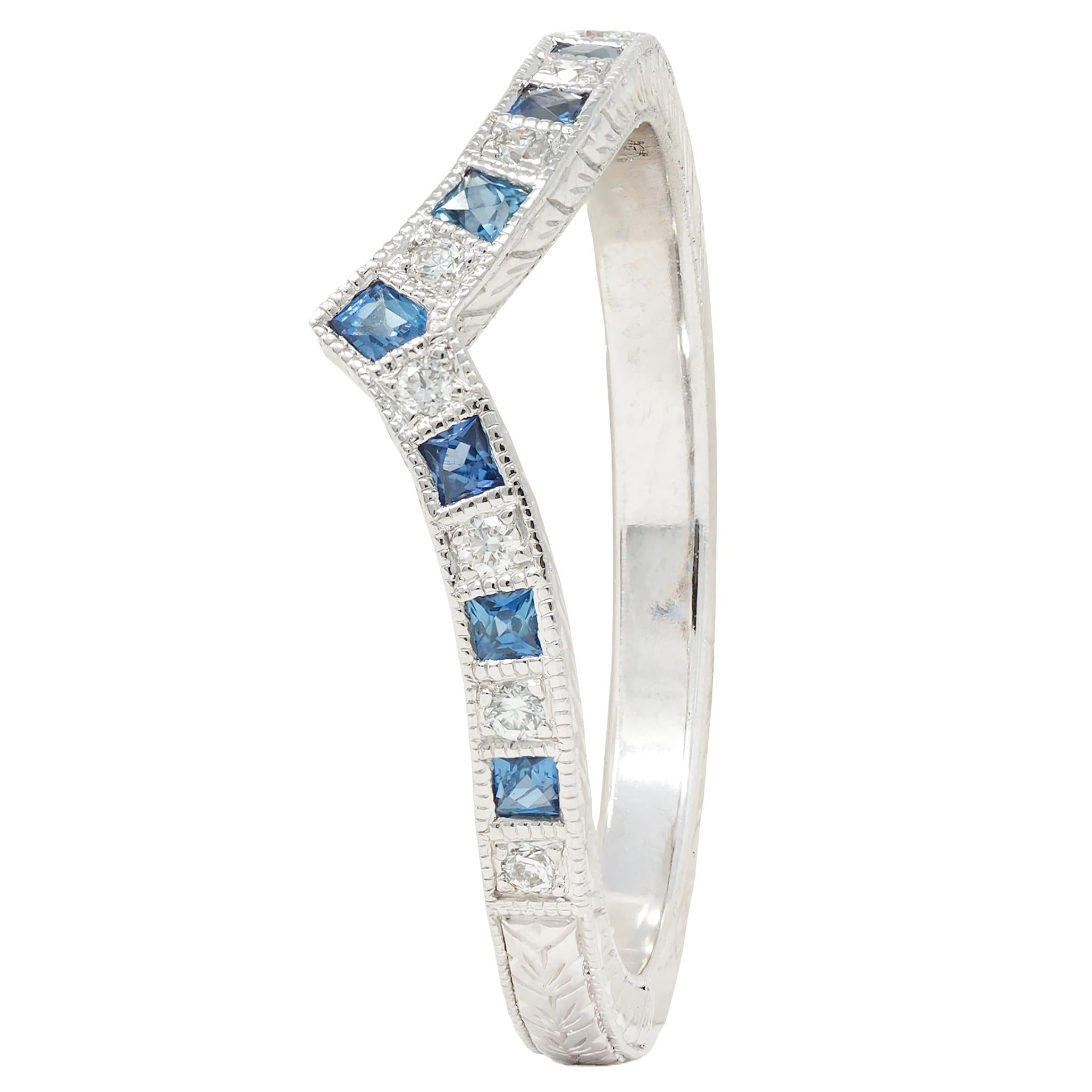 Contemporary Sapphire Diamond 14 Karat White Gold Contour Wedding Band Ring