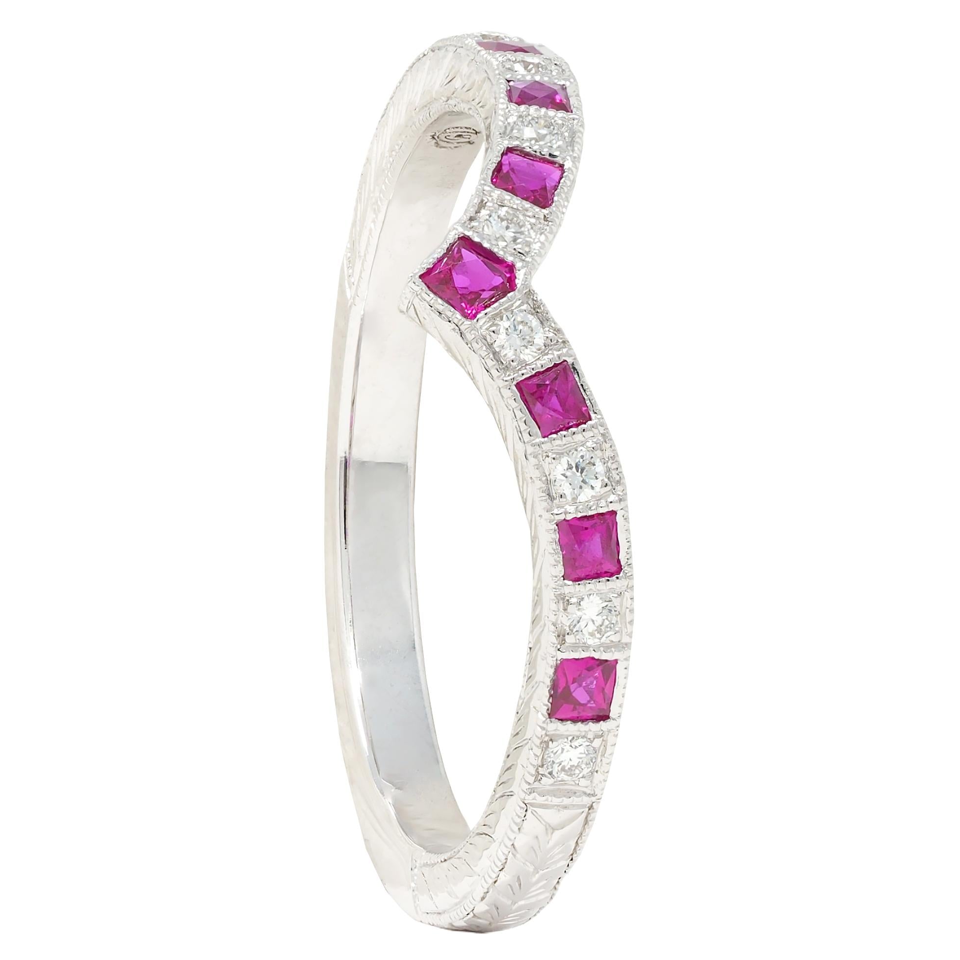 Contemporary Ruby Diamond 14 Karat White Gold Contour Wedding Band Ring