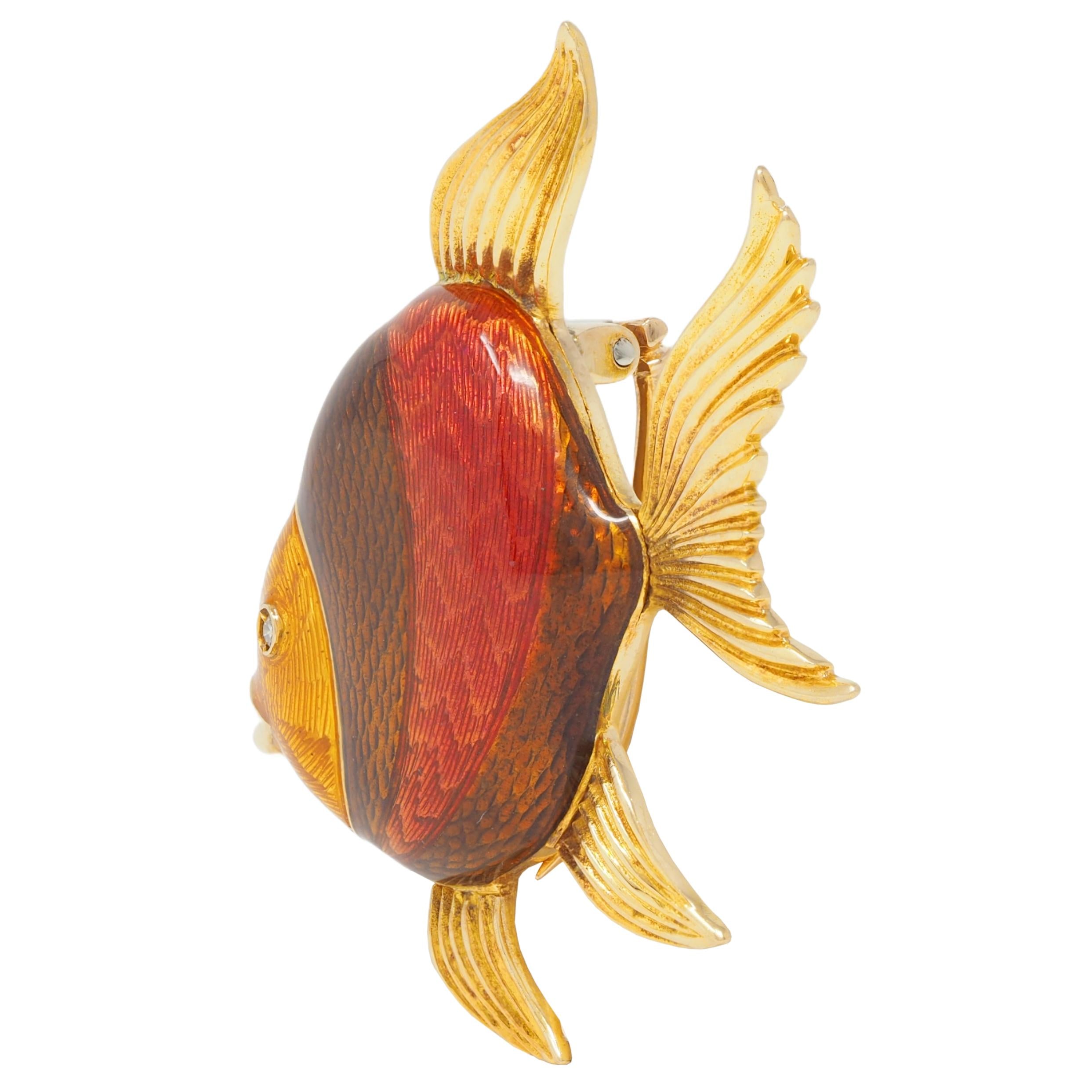 1970's Diamond Guilloche Enamel 18 Karat Yellow Gold Vintage Fish Brooch