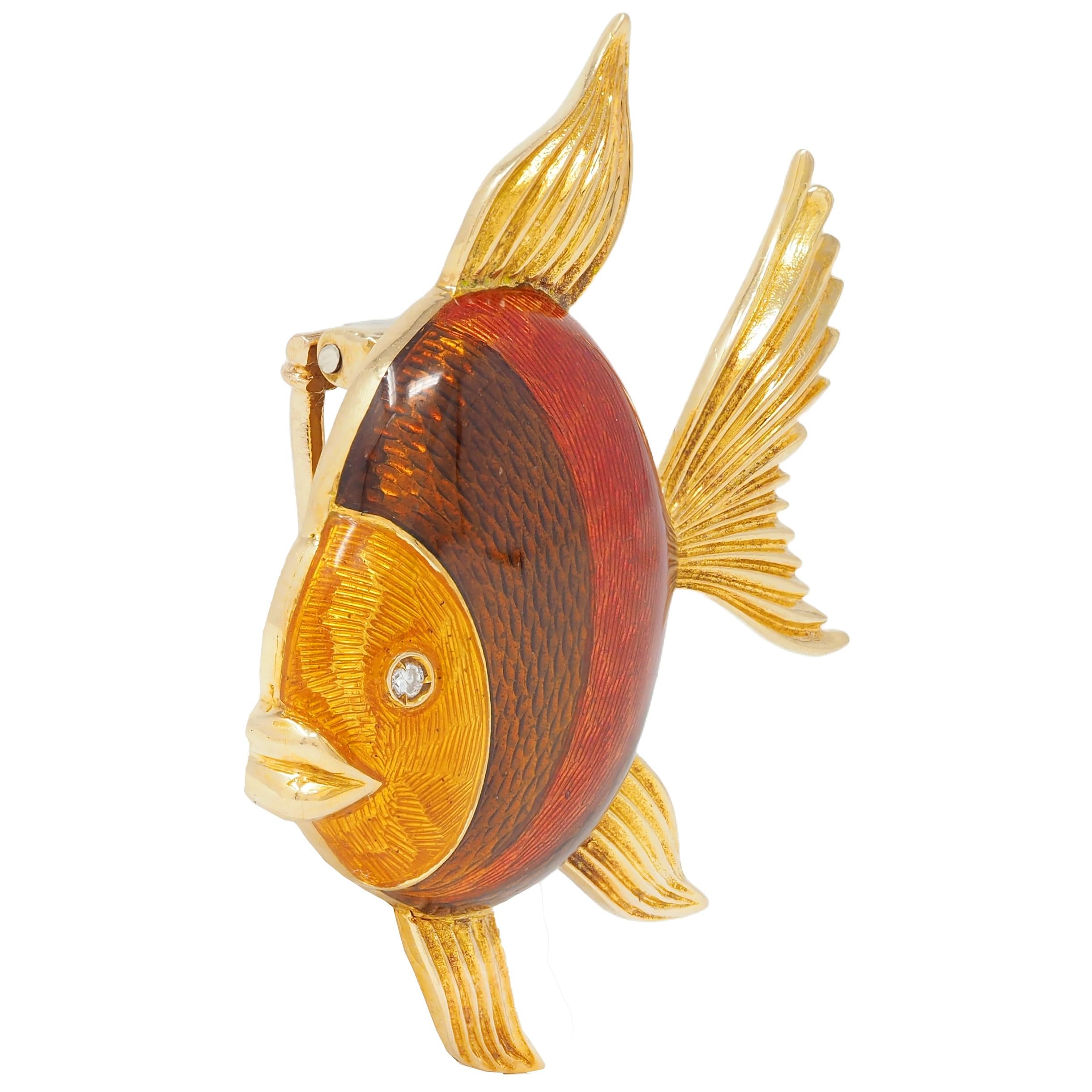 1970's Diamond Guilloche Enamel 18 Karat Yellow Gold Vintage Fish Brooch