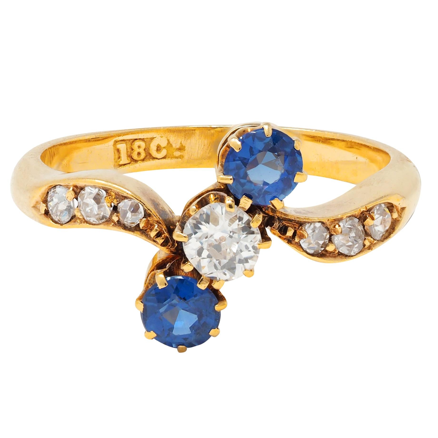 Victorian 0.68 CTW Sapphire Diamond 18 Karat Yellow Gold Antique Bypass Ring