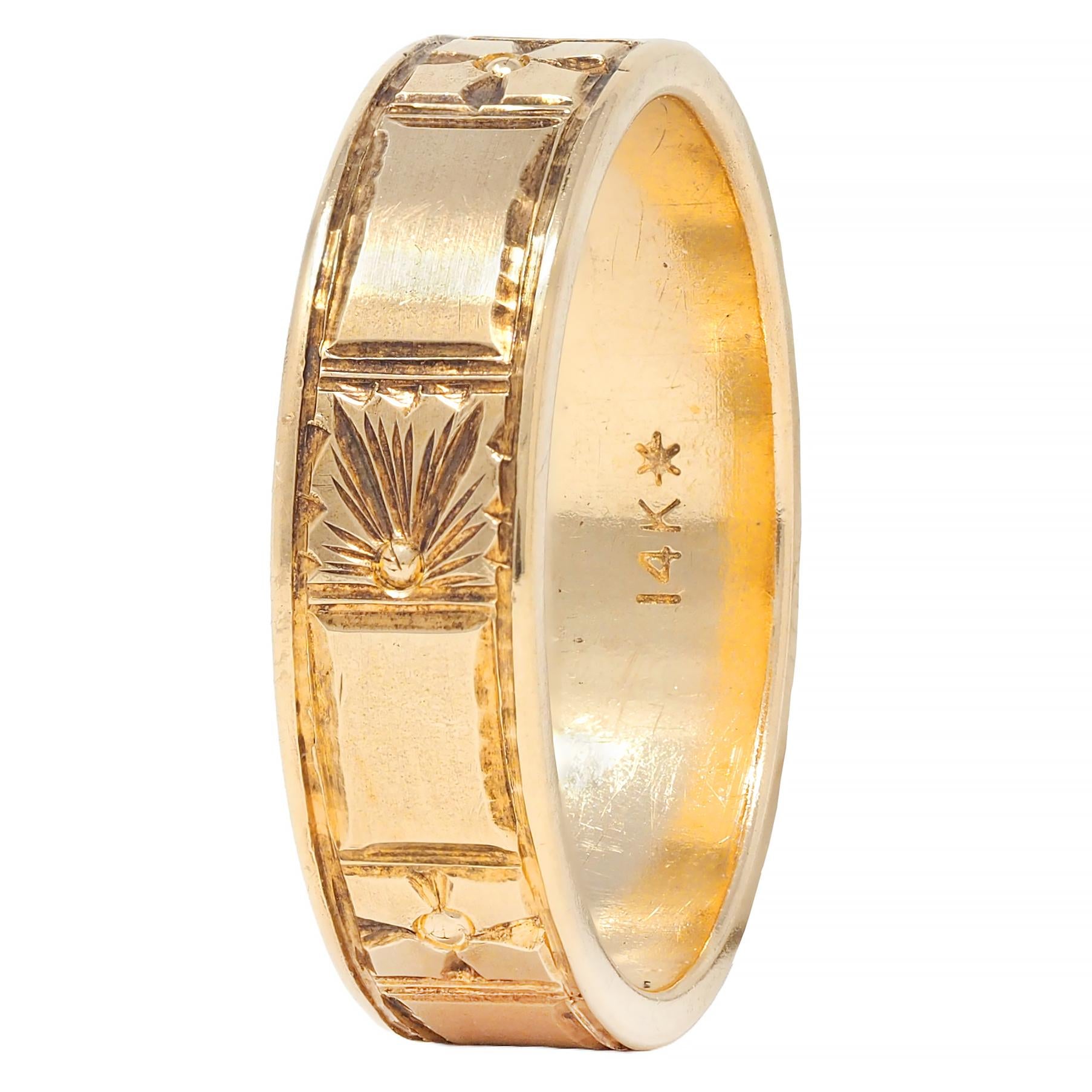 Art Deco 14 Karat Yellow Gold Orange Blossom Vintage Wide Wedding Band Ring