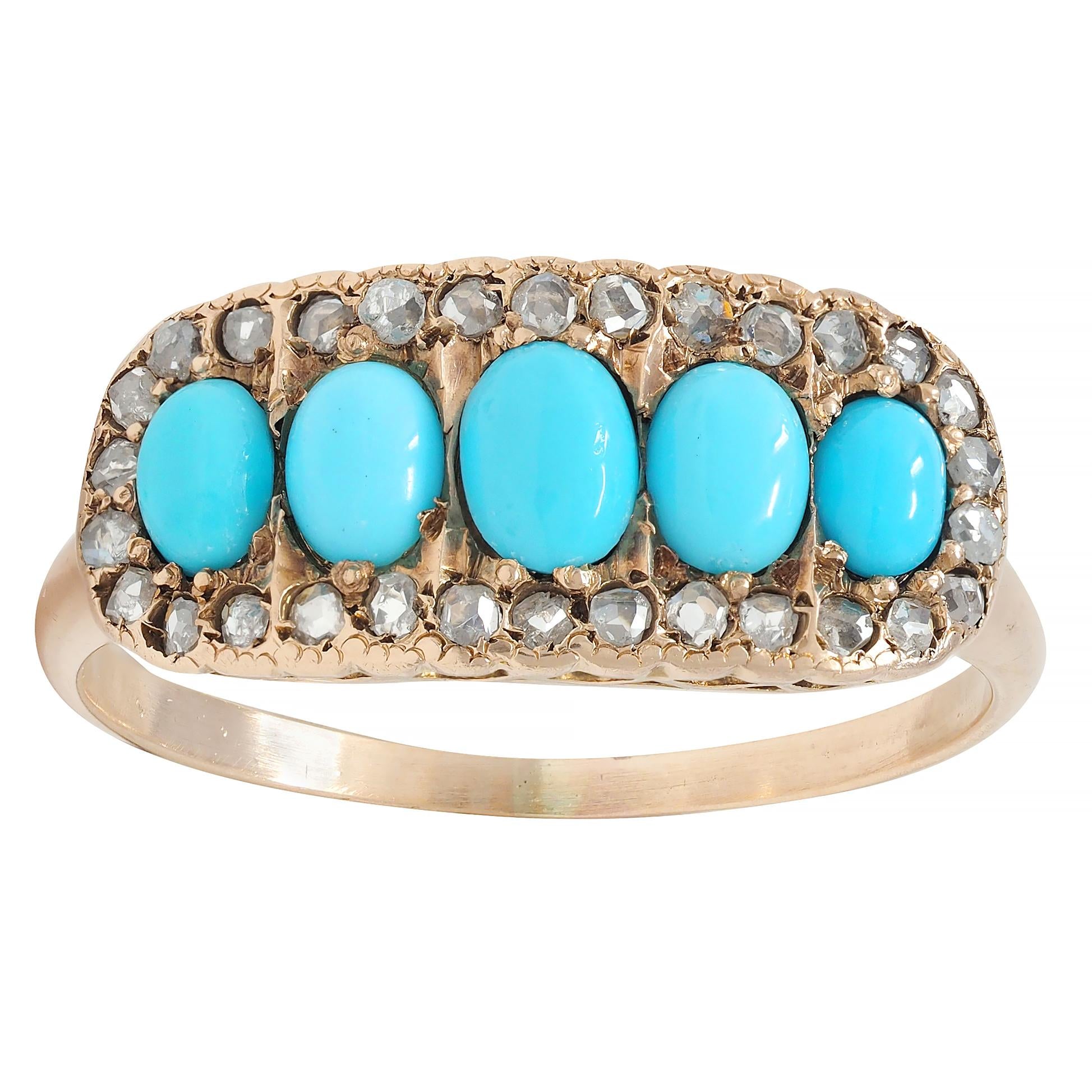 Victorian Turquoise Cabochon Diamond 14 Karat Rose Gold Antique Band Ring