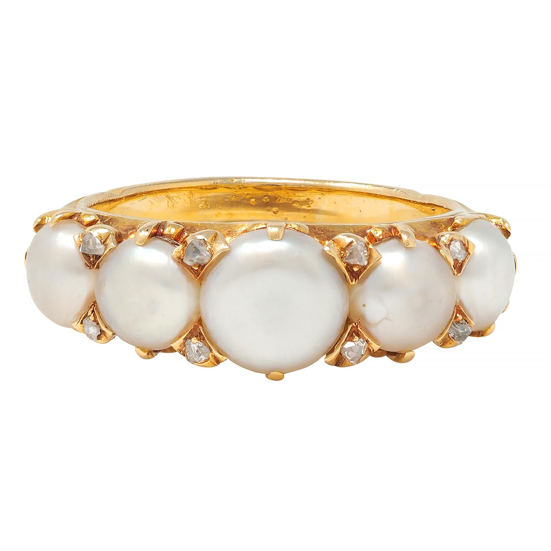 Victorian Button Pearl Diamond 18 Karat Yellow Gold Antique Five Stone Band Ring