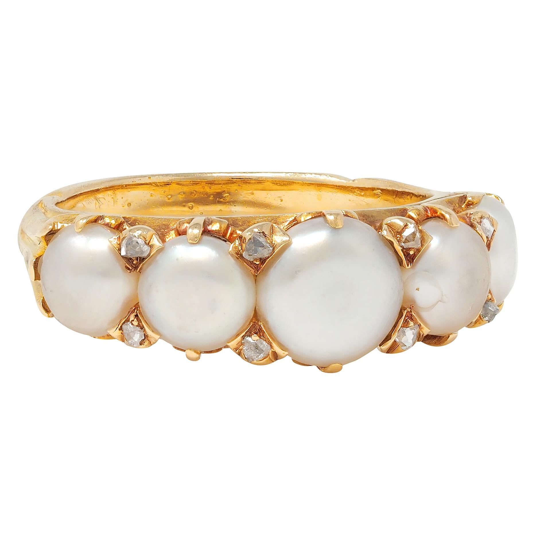 Victorian Button Pearl Diamond 18 Karat Yellow Gold Antique Five Stone Band Ring