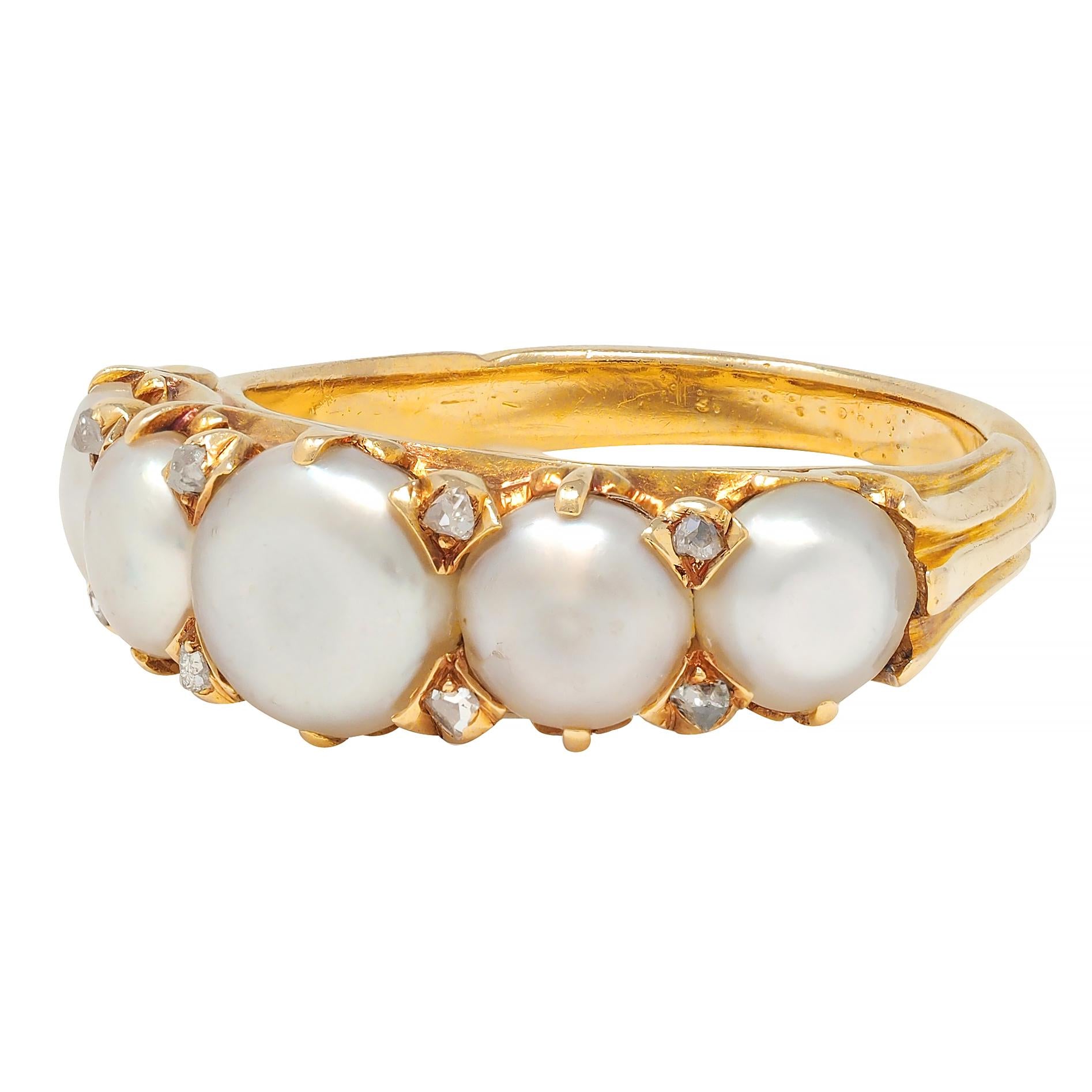 Victorian Button Pearl Diamond 18 Karat Yellow Gold Antique Five Stone Band Ring